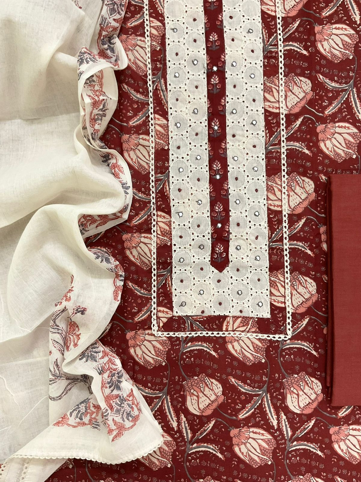 Pure Fine Cotton Printed Embroidered Suit - Maroon