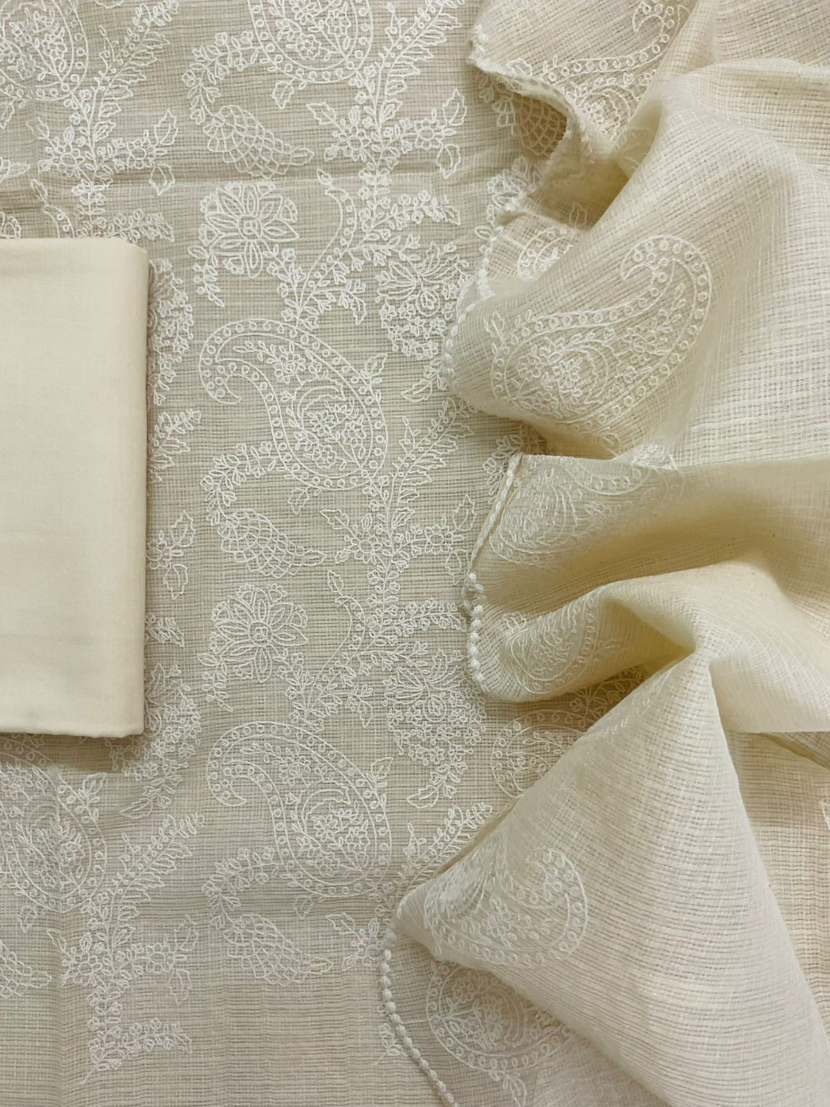 Soft Fine Tissue Kota Silk Embroidered Suit - Cream