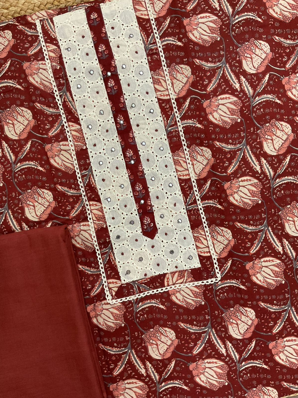 Pure Fine Cotton Printed Embroidered Suit - Maroon