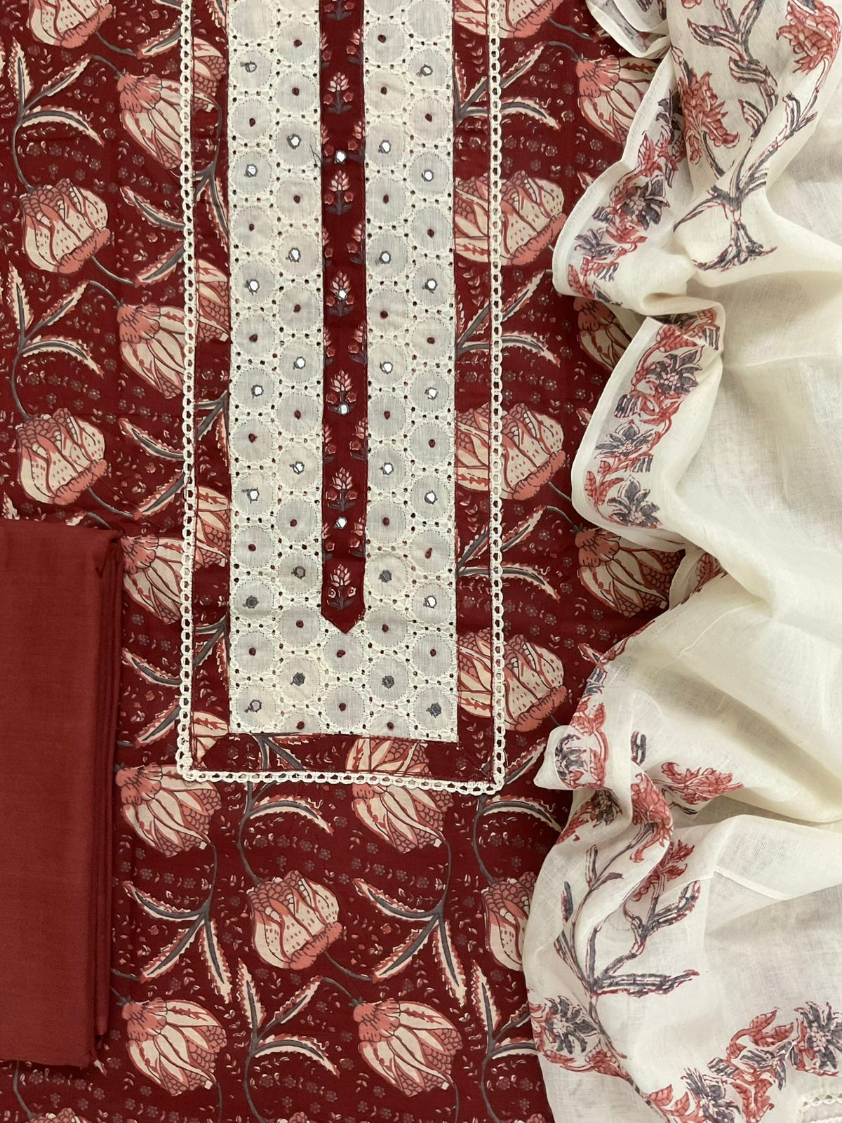 Pure Fine Cotton Printed Embroidered Suit - Maroon