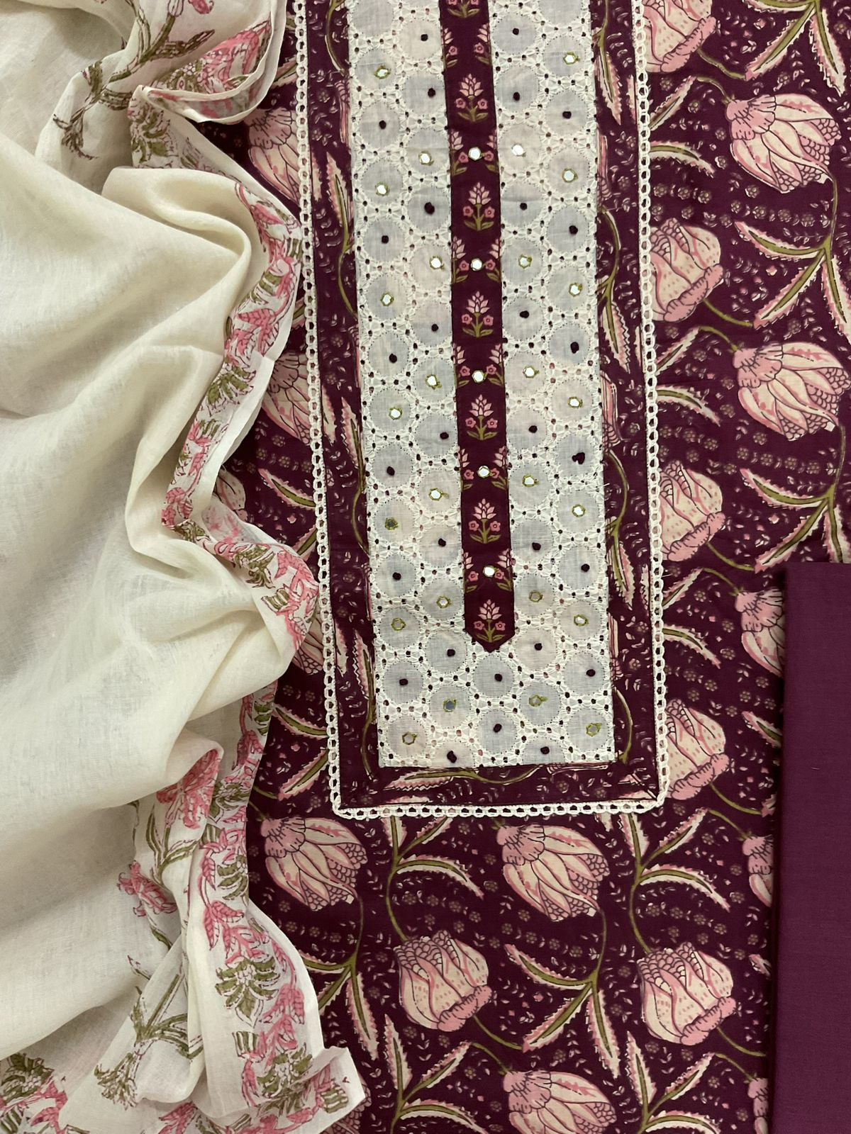Pure Fine Cotton Printed Embroidered Suit - Wine