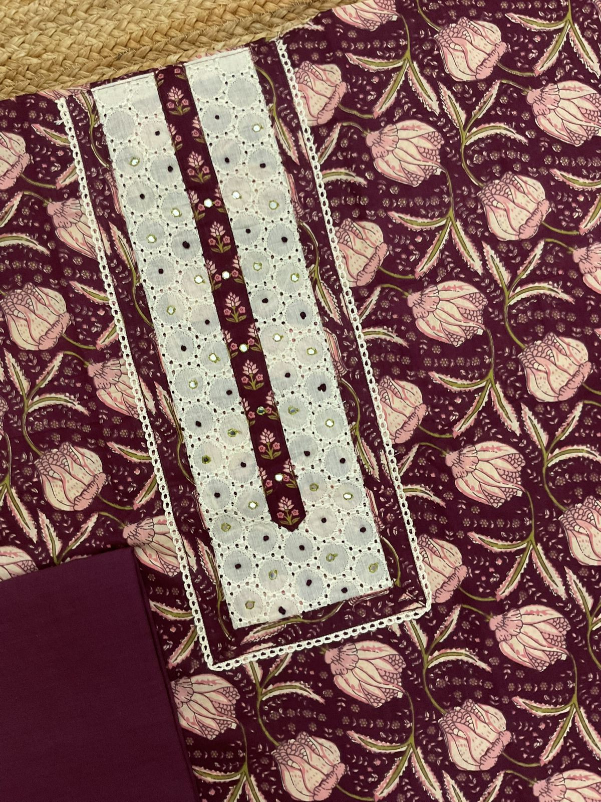 Pure Fine Cotton Printed Embroidered Suit - Wine
