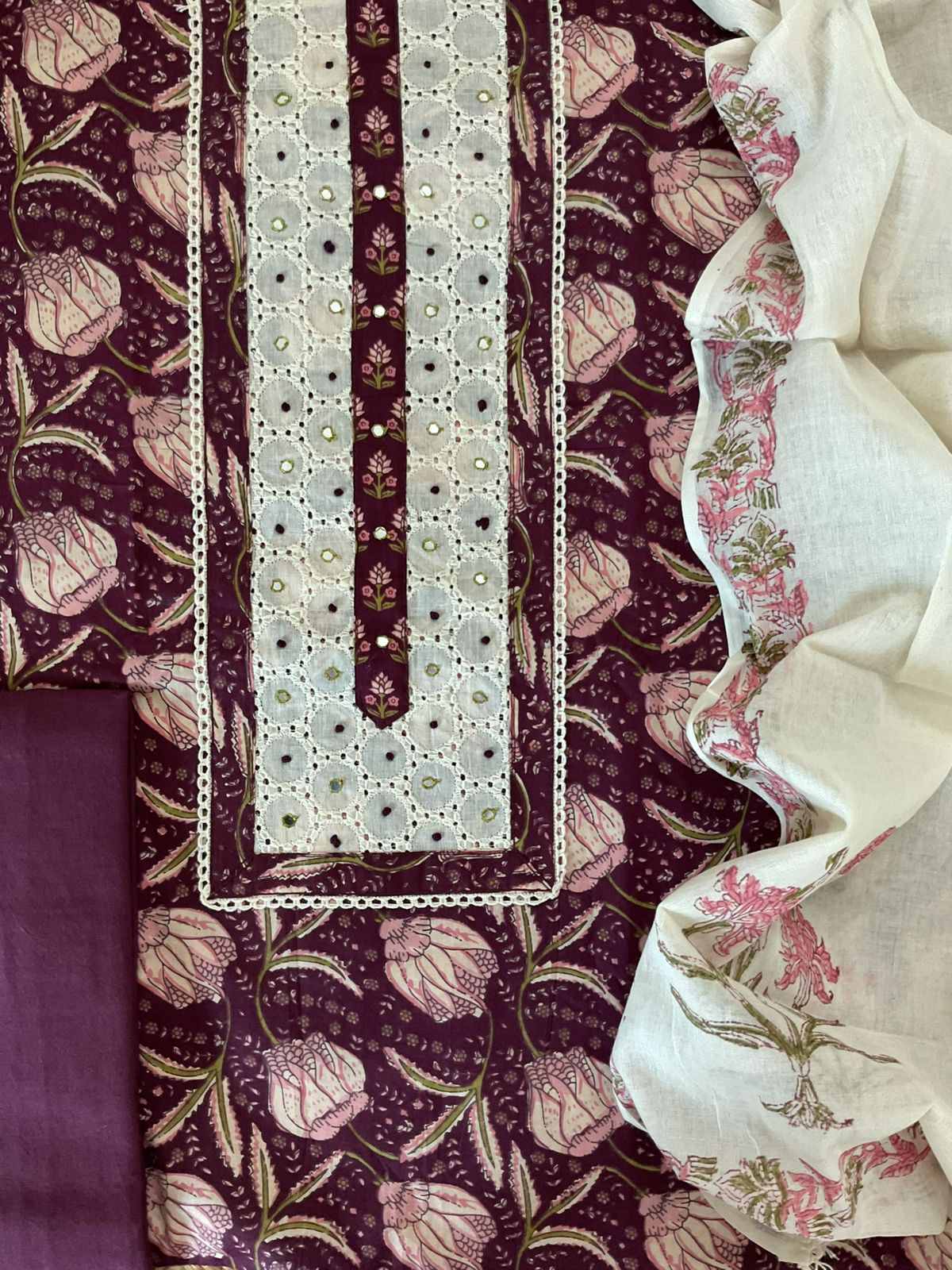 Pure Fine Cotton Printed Embroidered Suit - Wine
