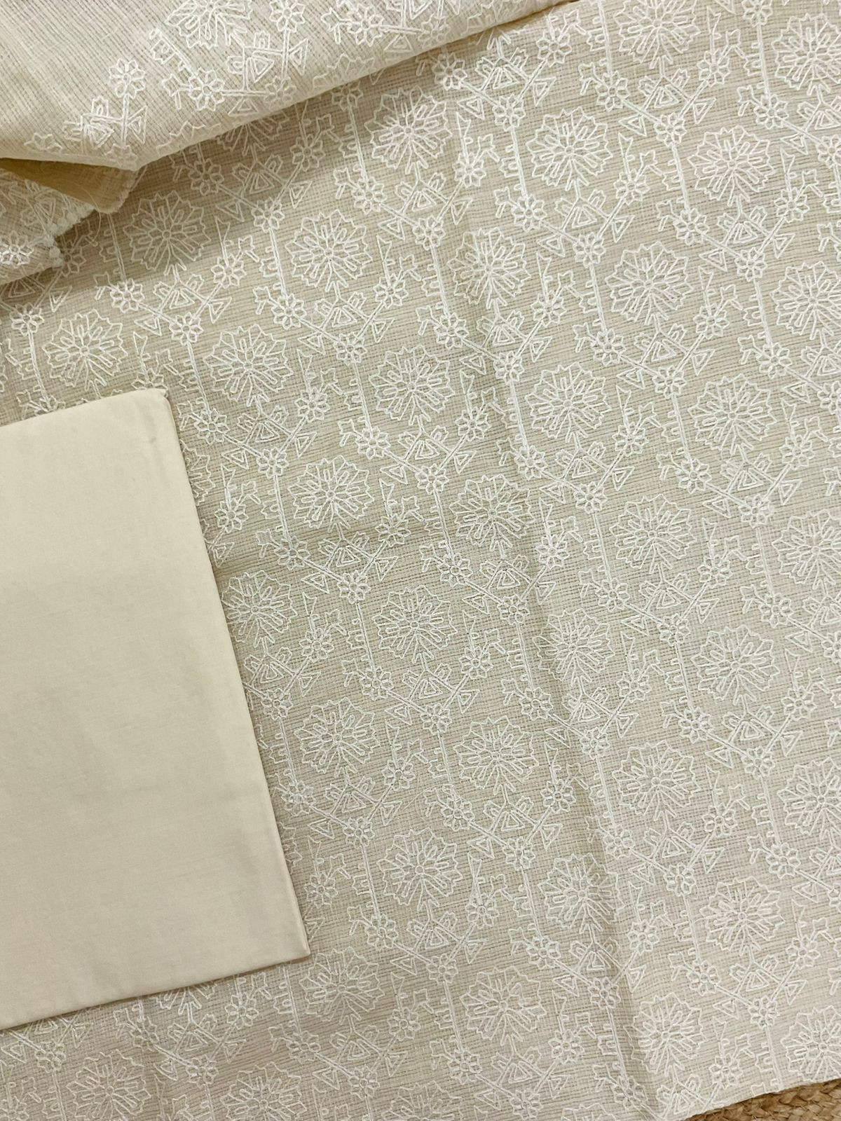 Soft Fine Tissue Kota Silk Embroidered Suit - Cream