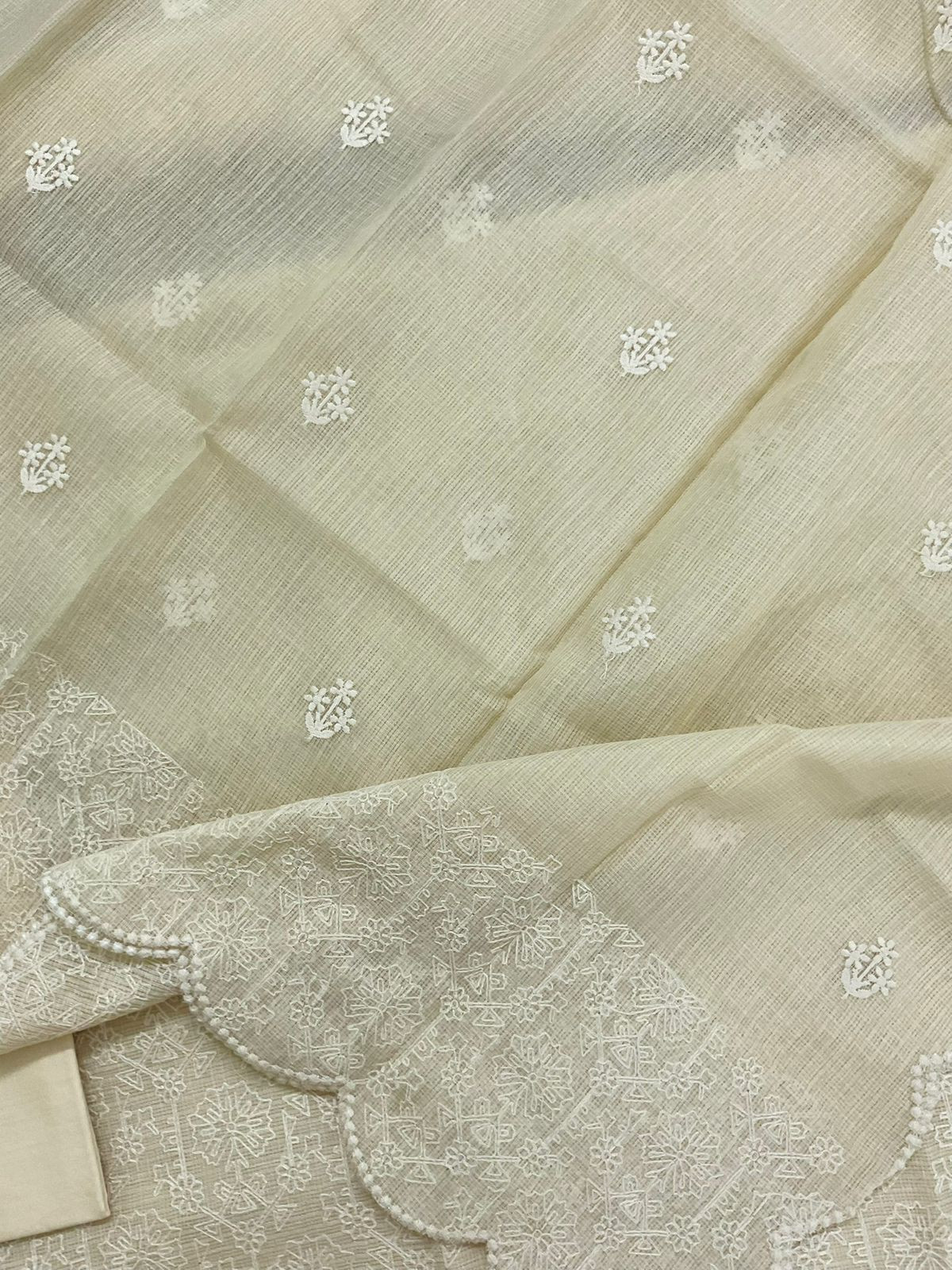 Soft Fine Tissue Kota Silk Embroidered Suit - Cream