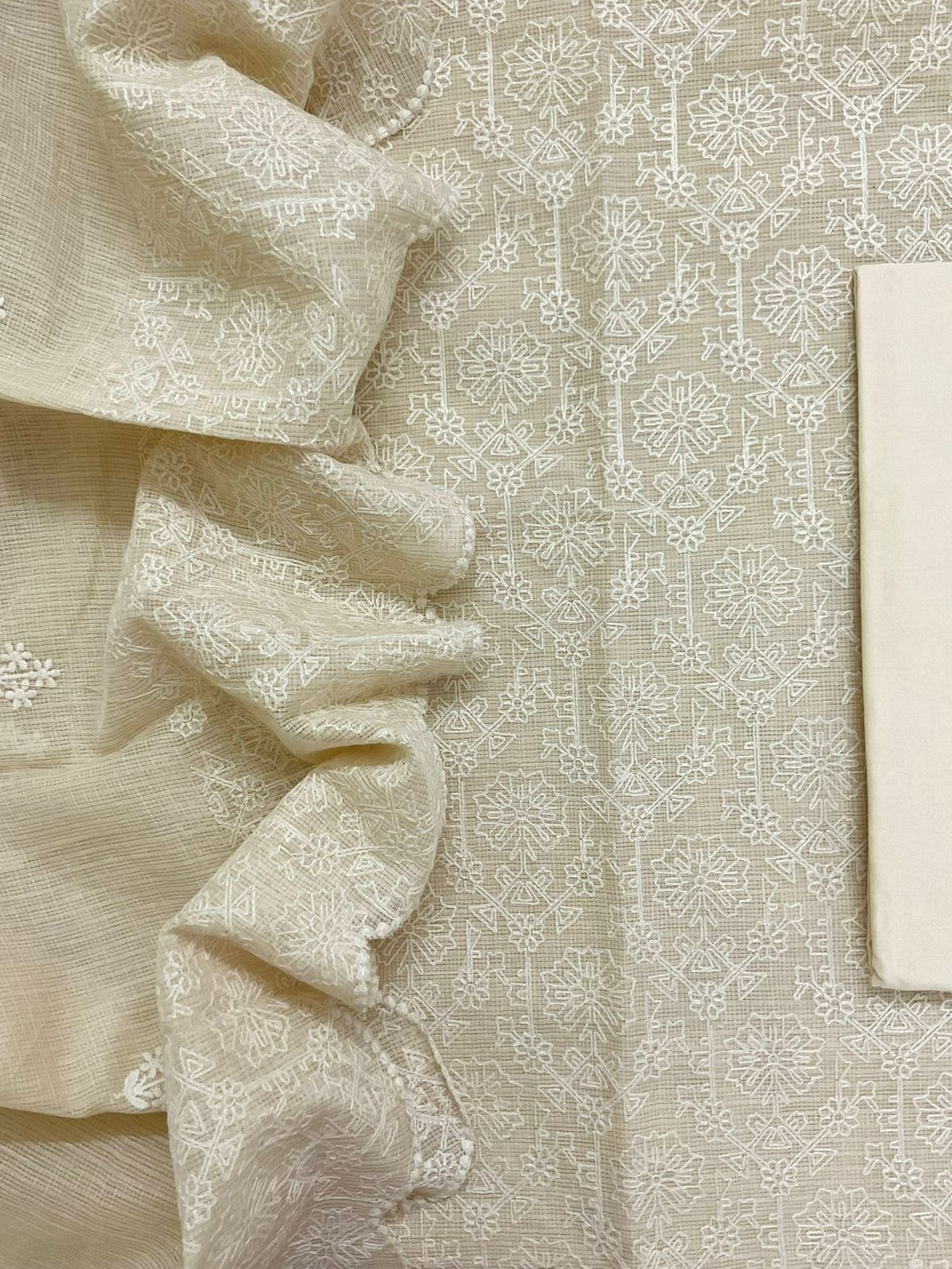 Soft Fine Tissue Kota Silk Embroidered Suit - Cream