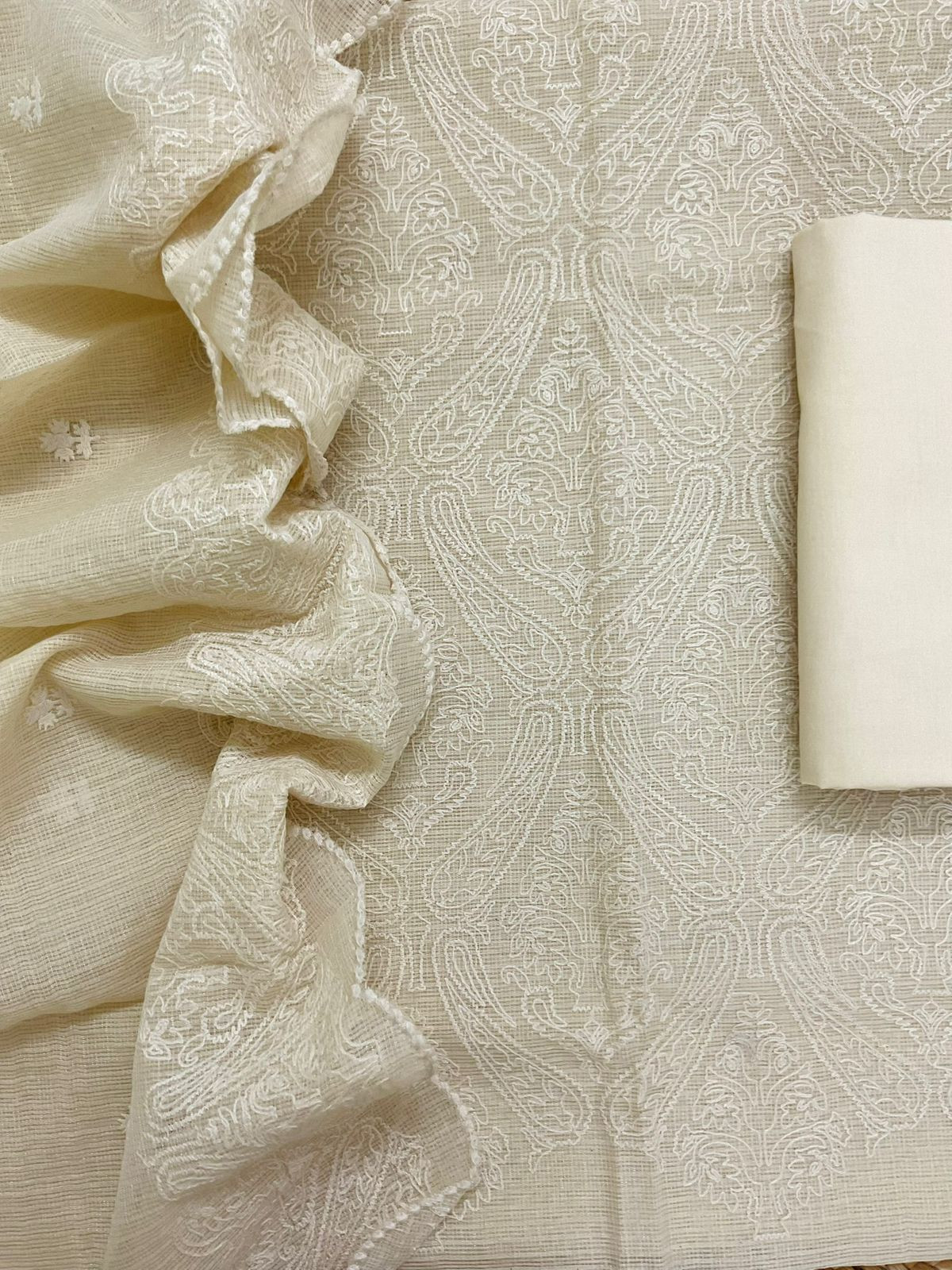 Soft Fine Tissue Kota Silk Embroidered Suit - Cream