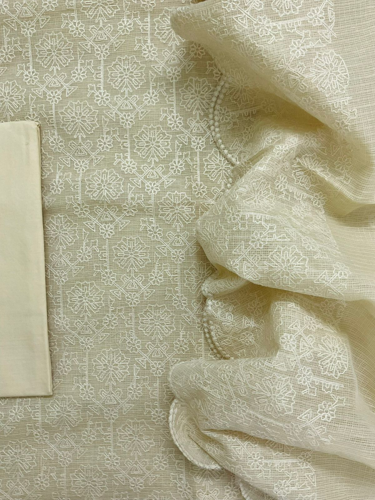 Soft Fine Tissue Kota Silk Embroidered Suit - Cream