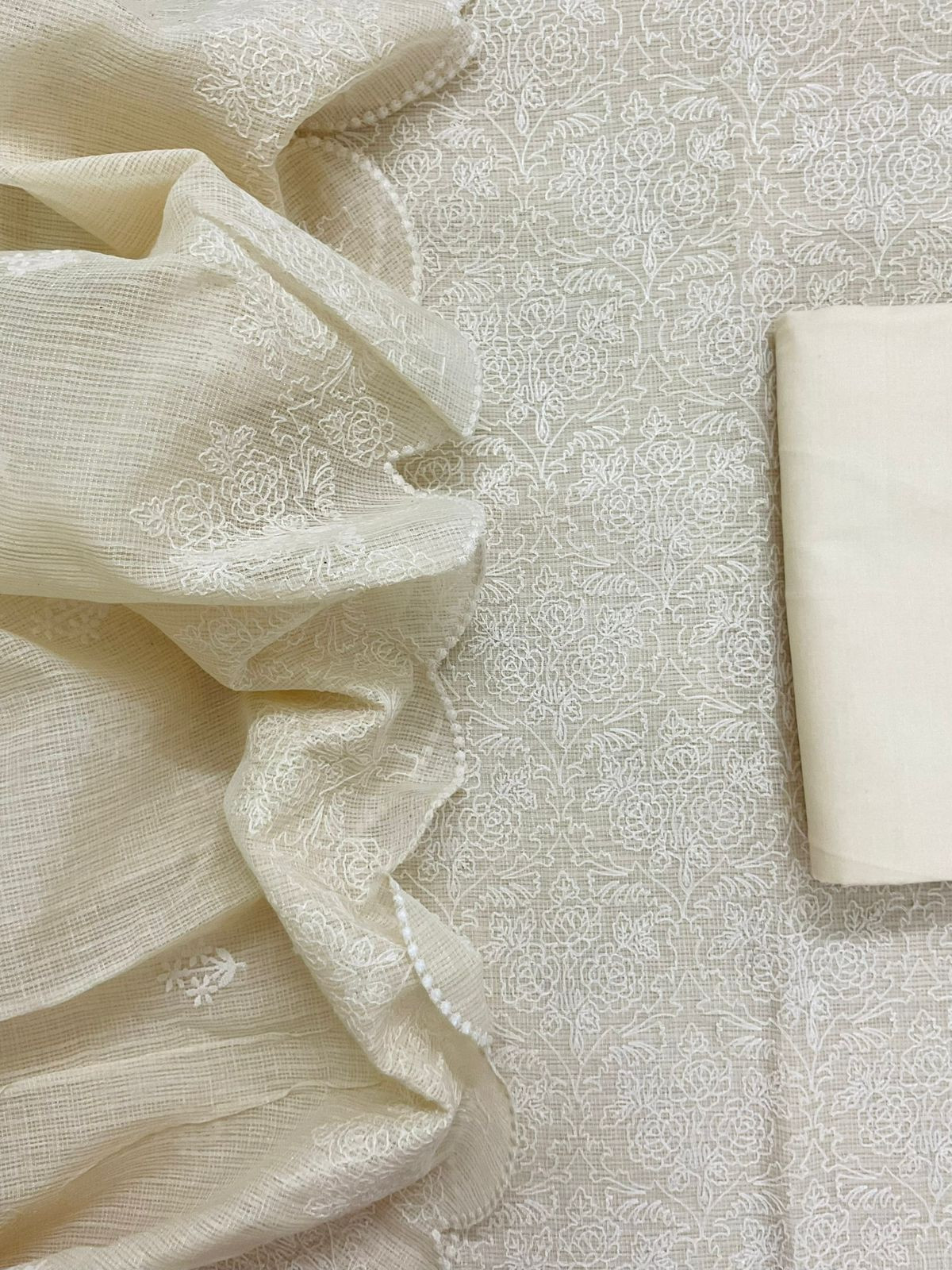 Soft Fine Tissue Kota Silk Embroidered Suit - Cream