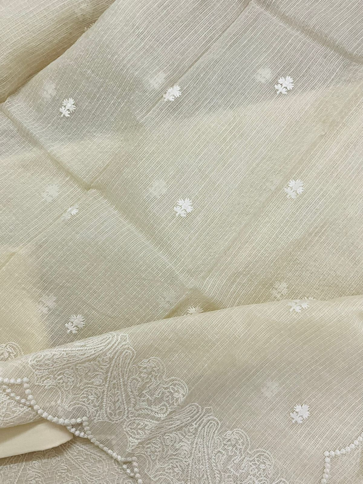 Soft Fine Tissue Kota Silk Embroidered Suit - Cream