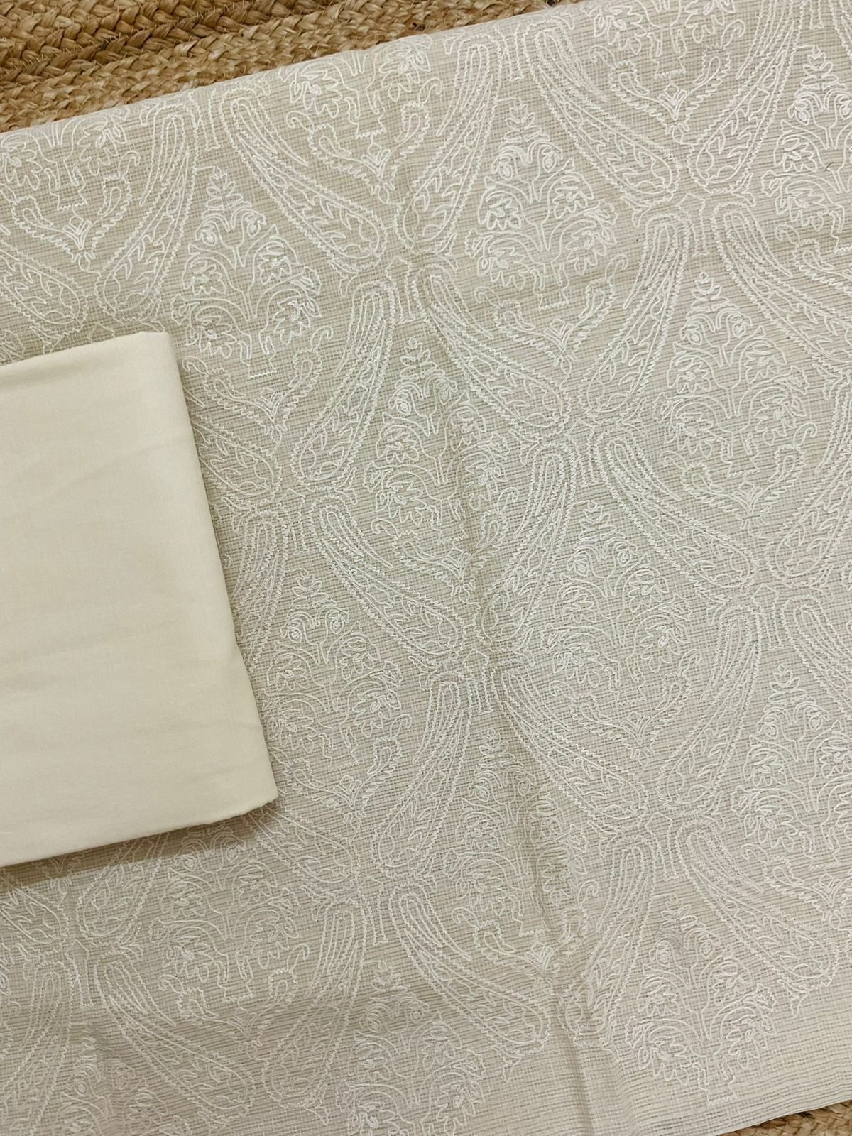 Soft Fine Tissue Kota Silk Embroidered Suit - Cream