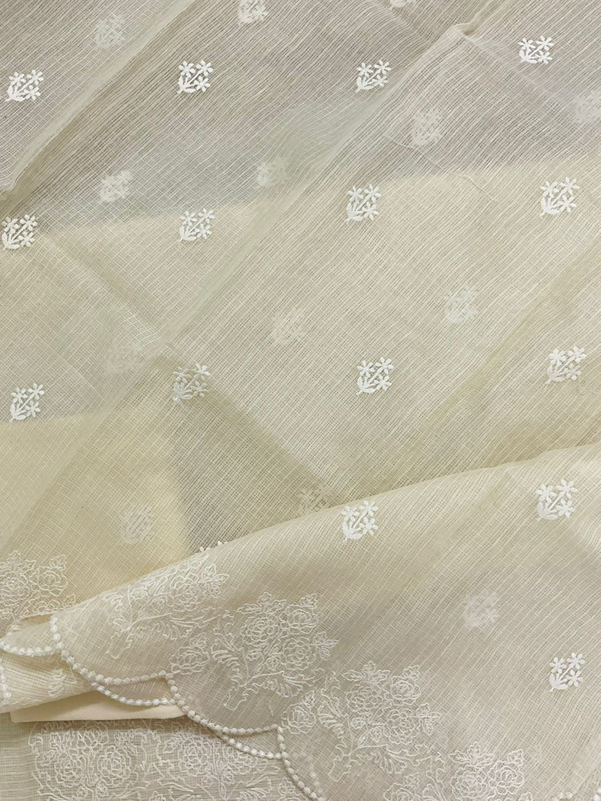 Soft Fine Tissue Kota Silk Embroidered Suit - Cream