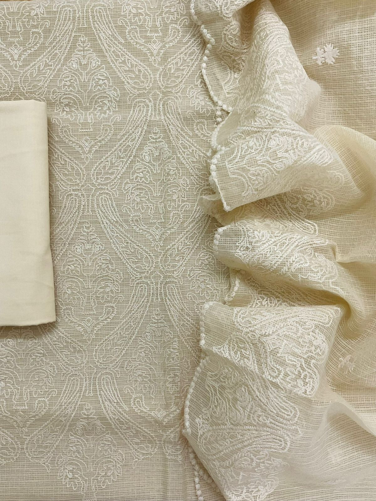 Soft Fine Tissue Kota Silk Embroidered Suit - Cream