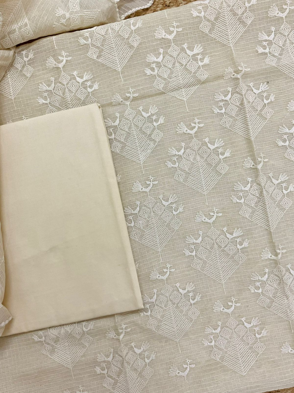 Soft Fine Tissue Kota Silk Embroidered Suit - Cream