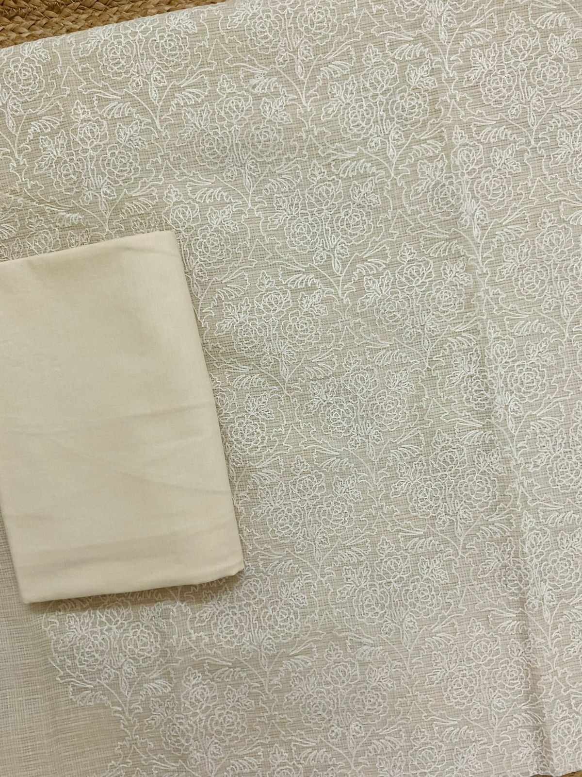 Soft Fine Tissue Kota Silk Embroidered Suit - Cream