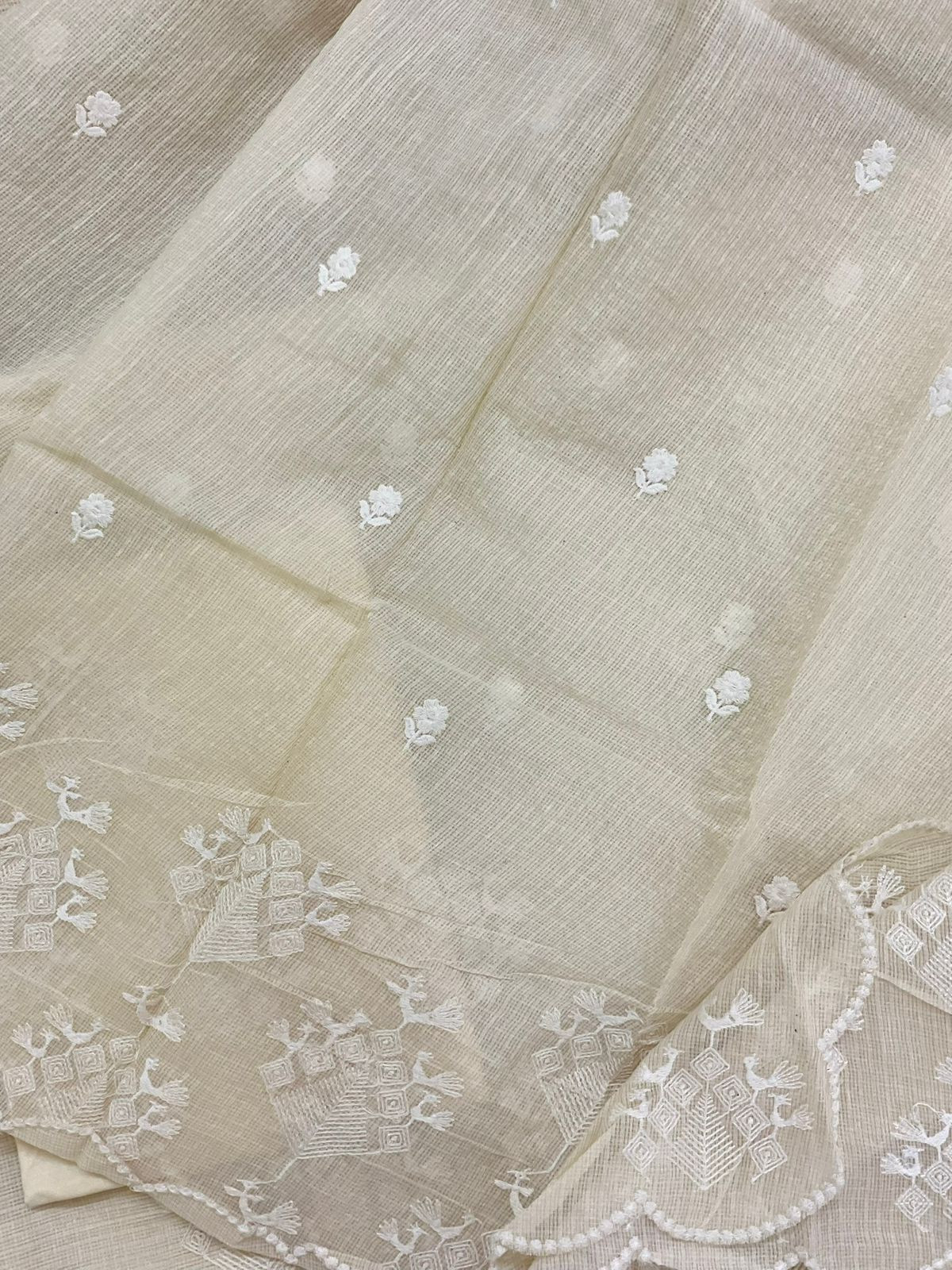 Soft Fine Tissue Kota Silk Embroidered Suit - Cream