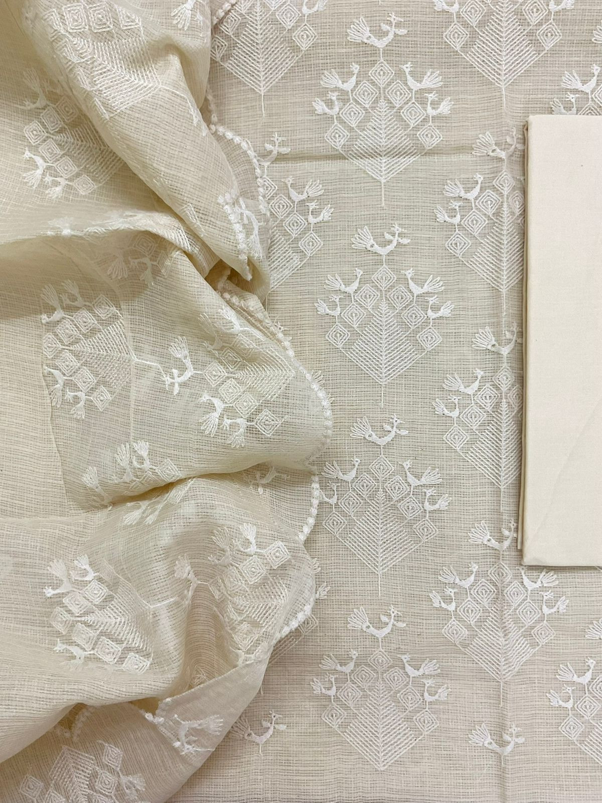 Soft Fine Tissue Kota Silk Embroidered Suit - Cream