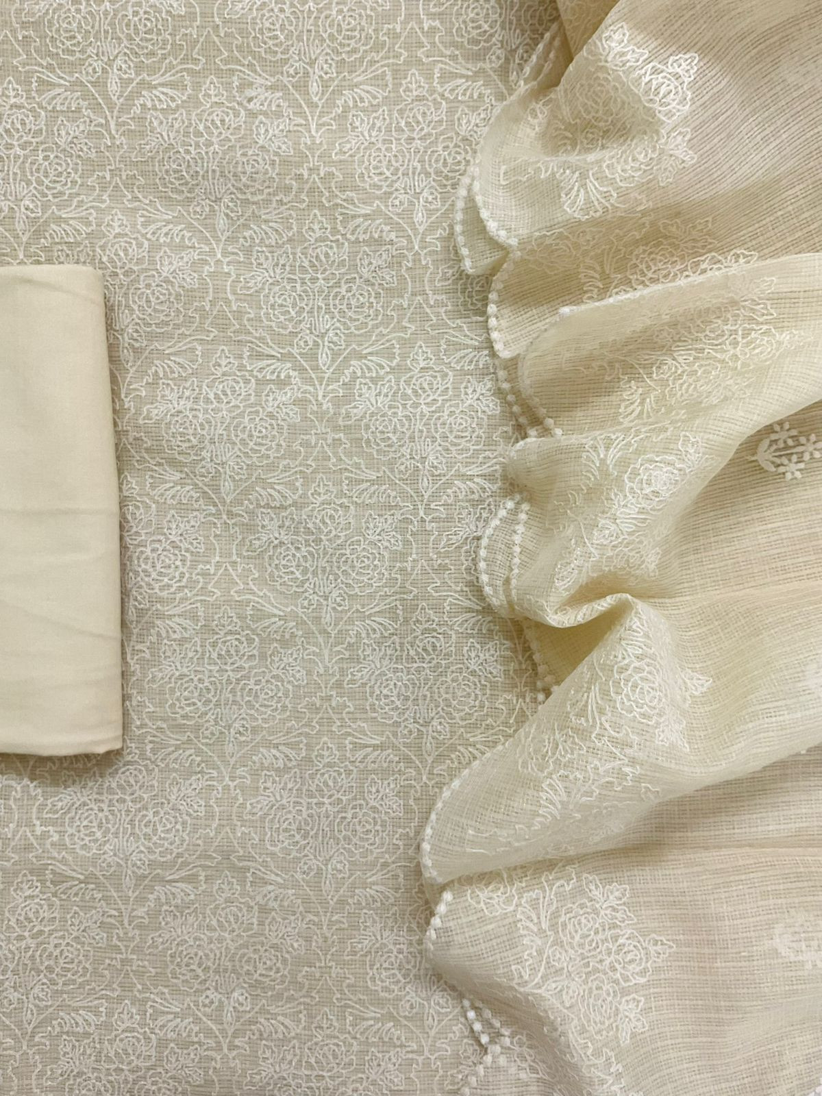 Soft Fine Tissue Kota Silk Embroidered Suit - Cream