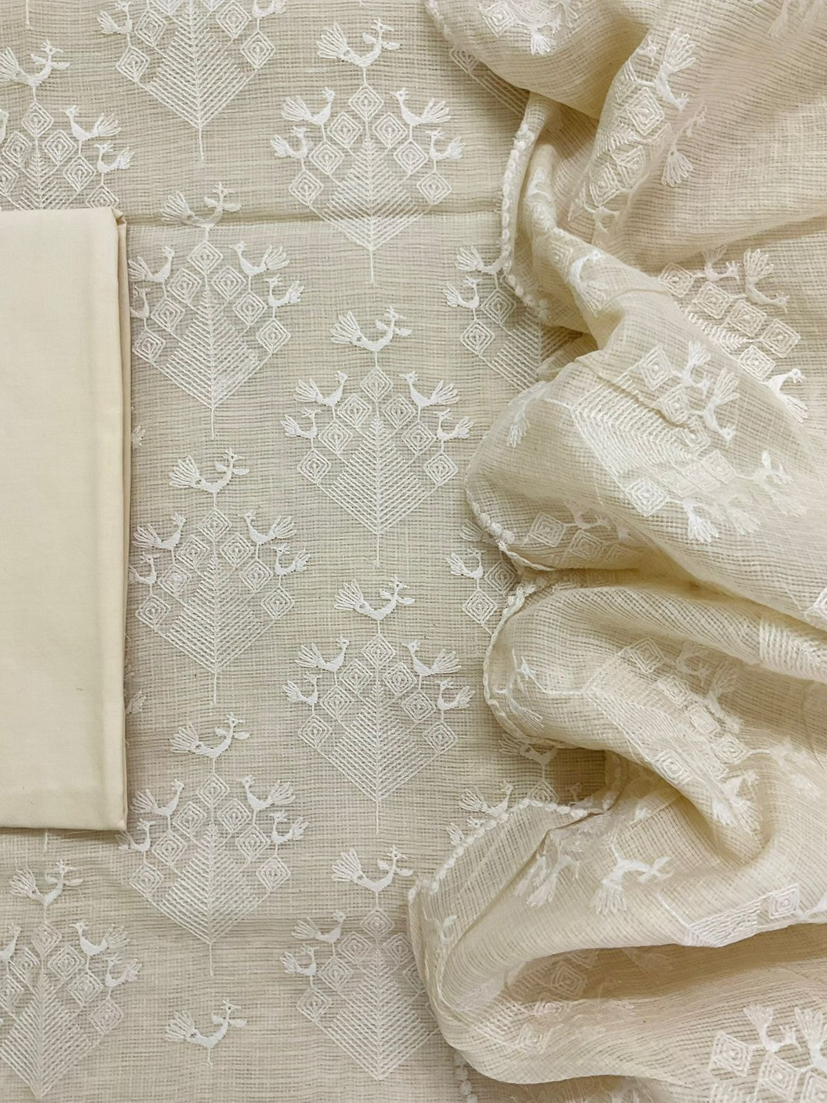 Soft Fine Tissue Kota Silk Embroidered Suit - Cream