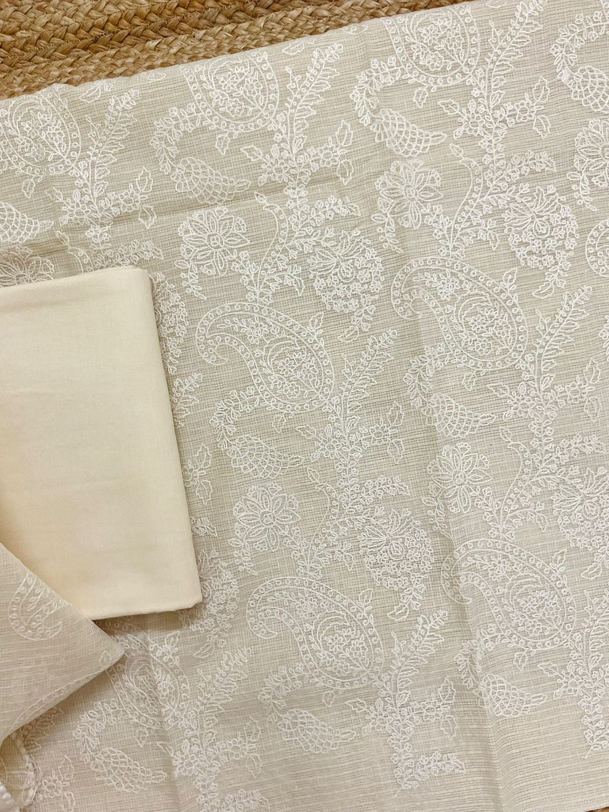 Soft Fine Tissue Kota Silk Embroidered Suit - Cream