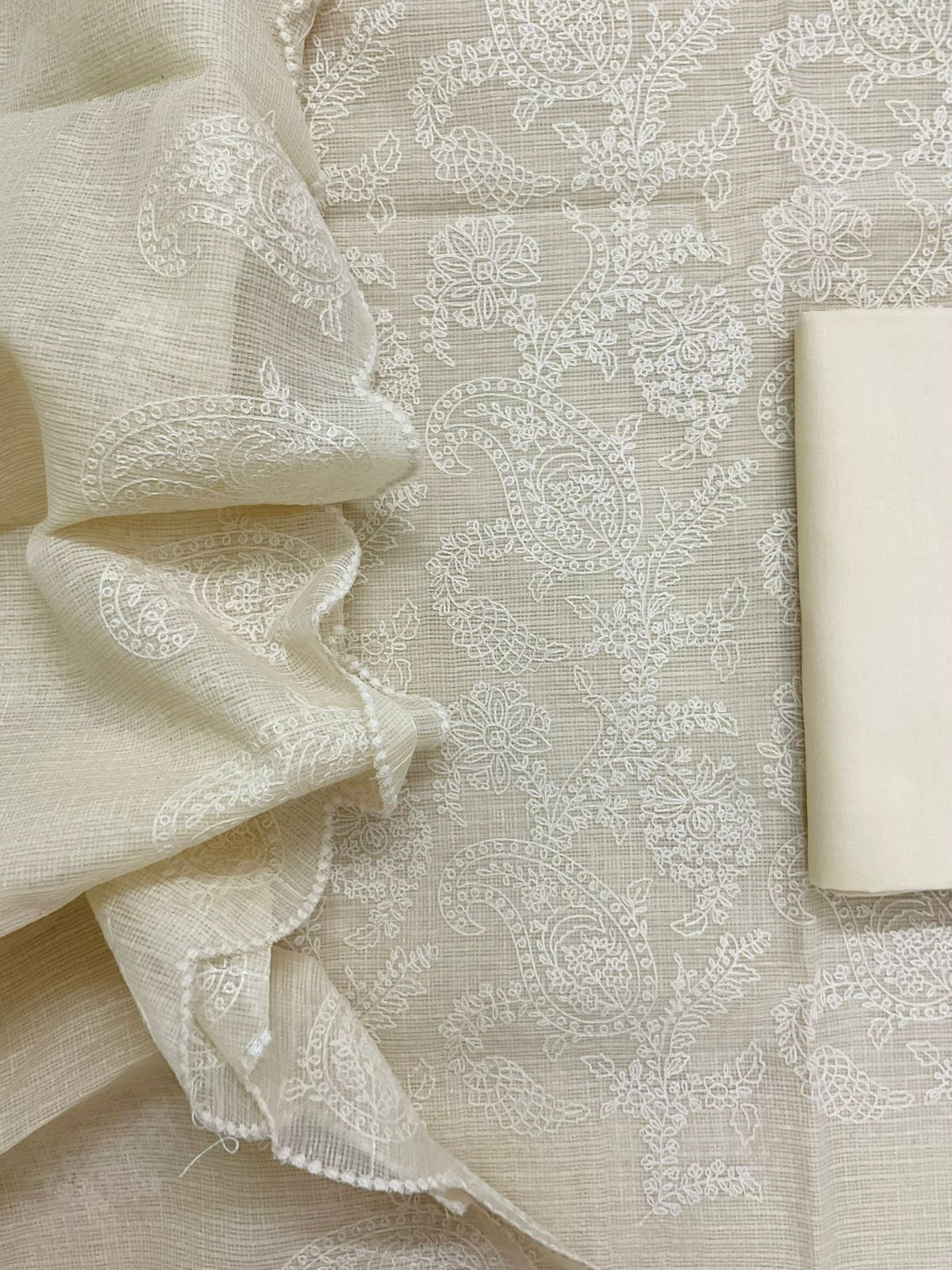 Soft Fine Tissue Kota Silk Embroidered Suit - Cream