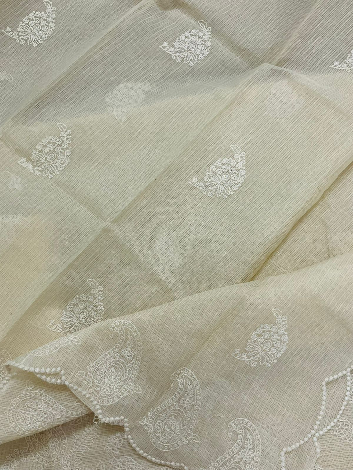 Soft Fine Tissue Kota Silk Embroidered Suit - Cream