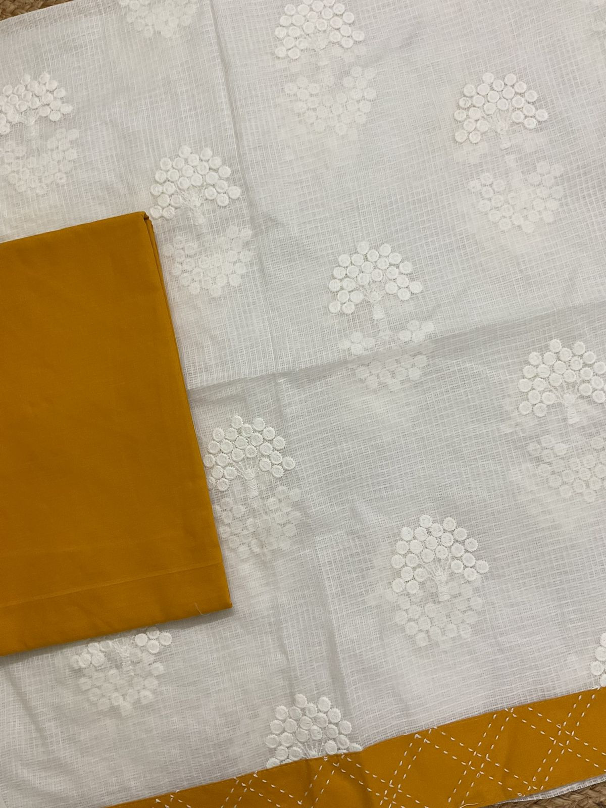 Soft Kota Cotton Printed Embroidered Suit - White