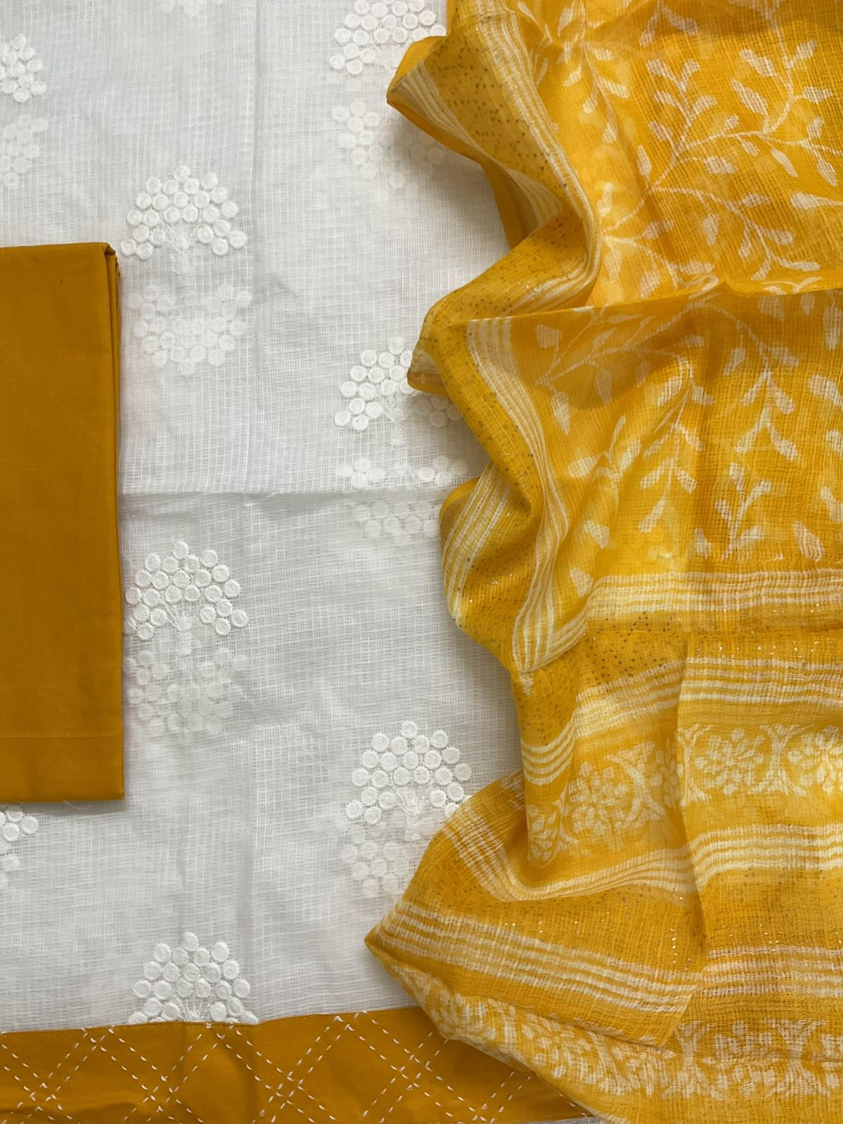 Soft Kota Cotton Printed Embroidered Suit - White