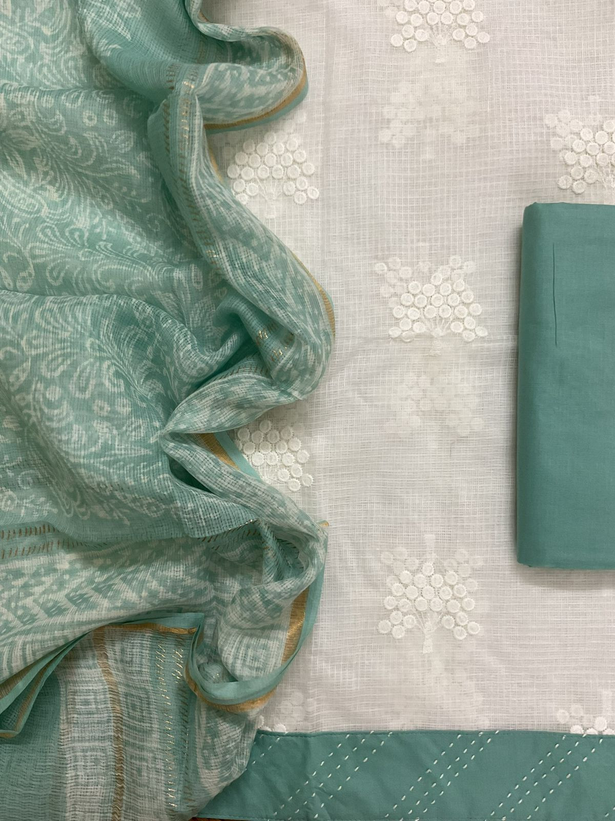 Soft Kota Cotton Printed Embroidered Suit - White