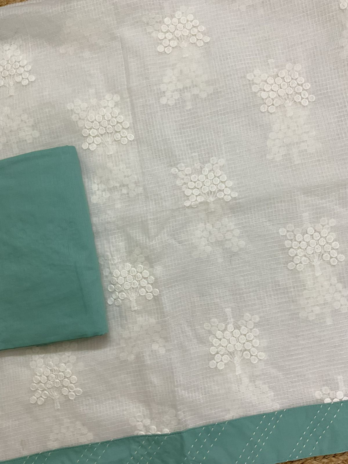 Soft Kota Cotton Printed Embroidered Suit - White