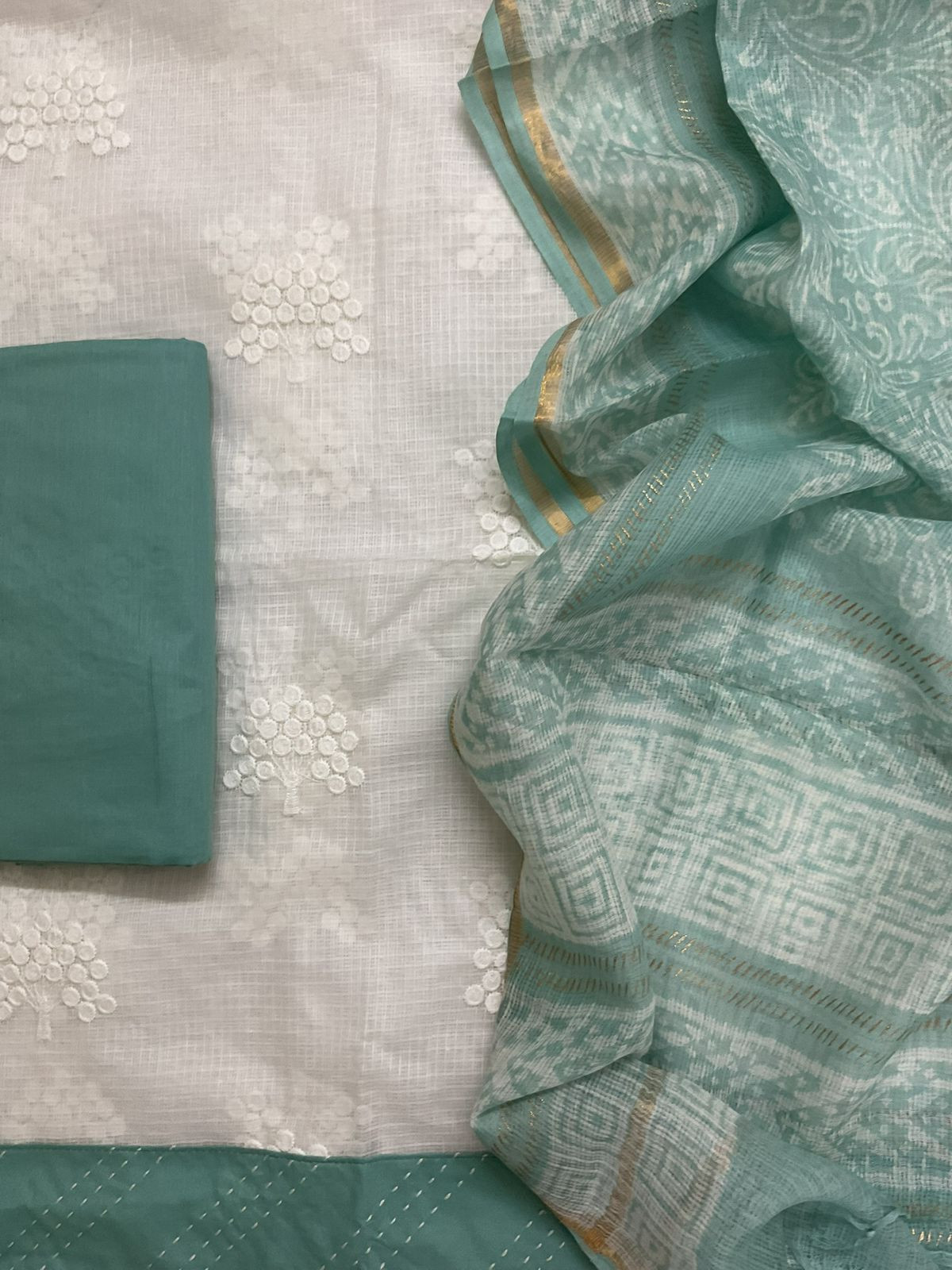 Soft Kota Cotton Printed Embroidered Suit - White