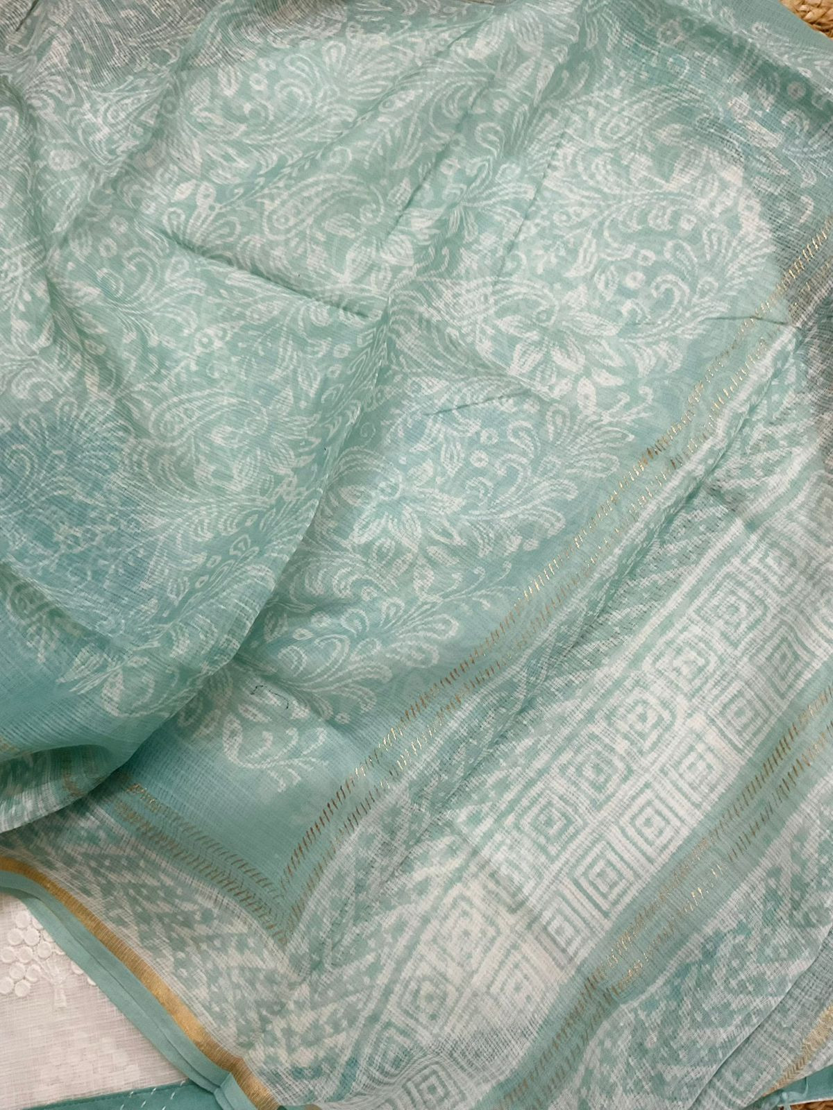 Soft Kota Cotton Printed Embroidered Suit - White