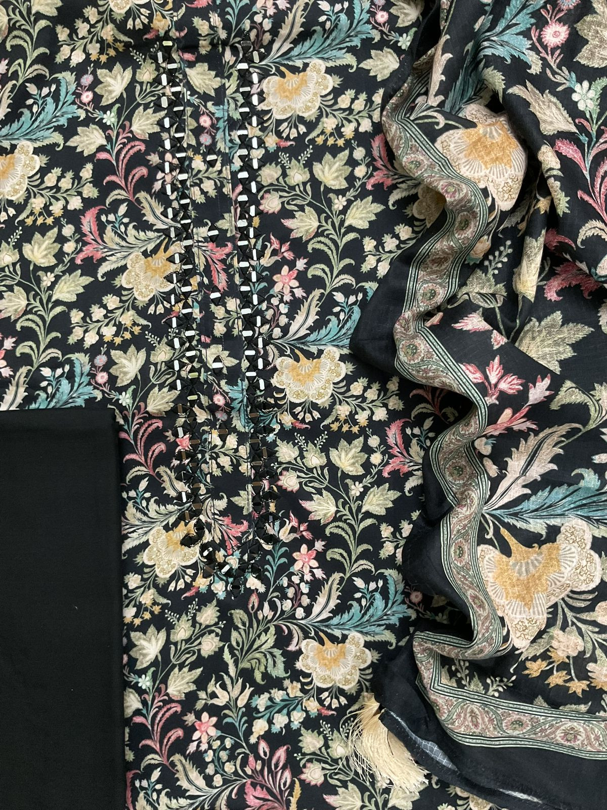 Pure Jaam Cotton Printed Embroidered Suit - Black