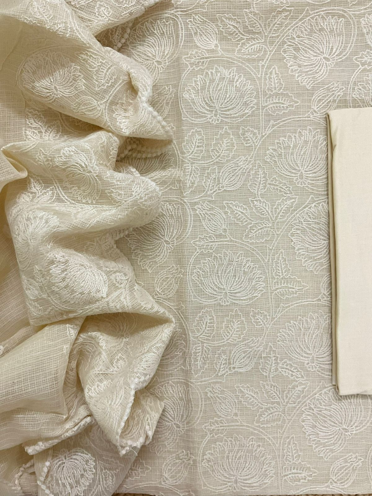 Soft Fine Tissue Kota Silk Embroidered Suit - Cream