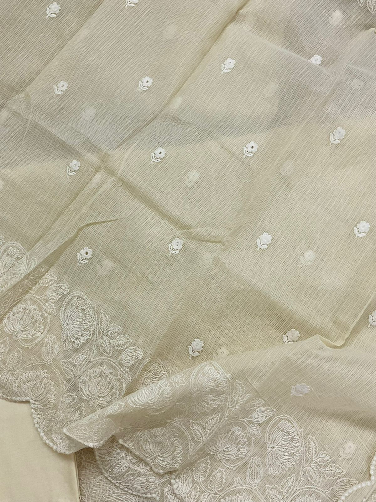 Soft Fine Tissue Kota Silk Embroidered Suit - Cream