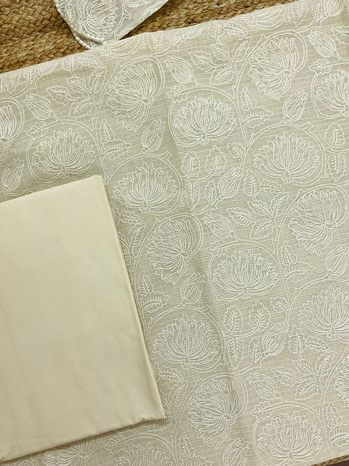 Soft Fine Tissue Kota Silk Embroidered Suit - Cream