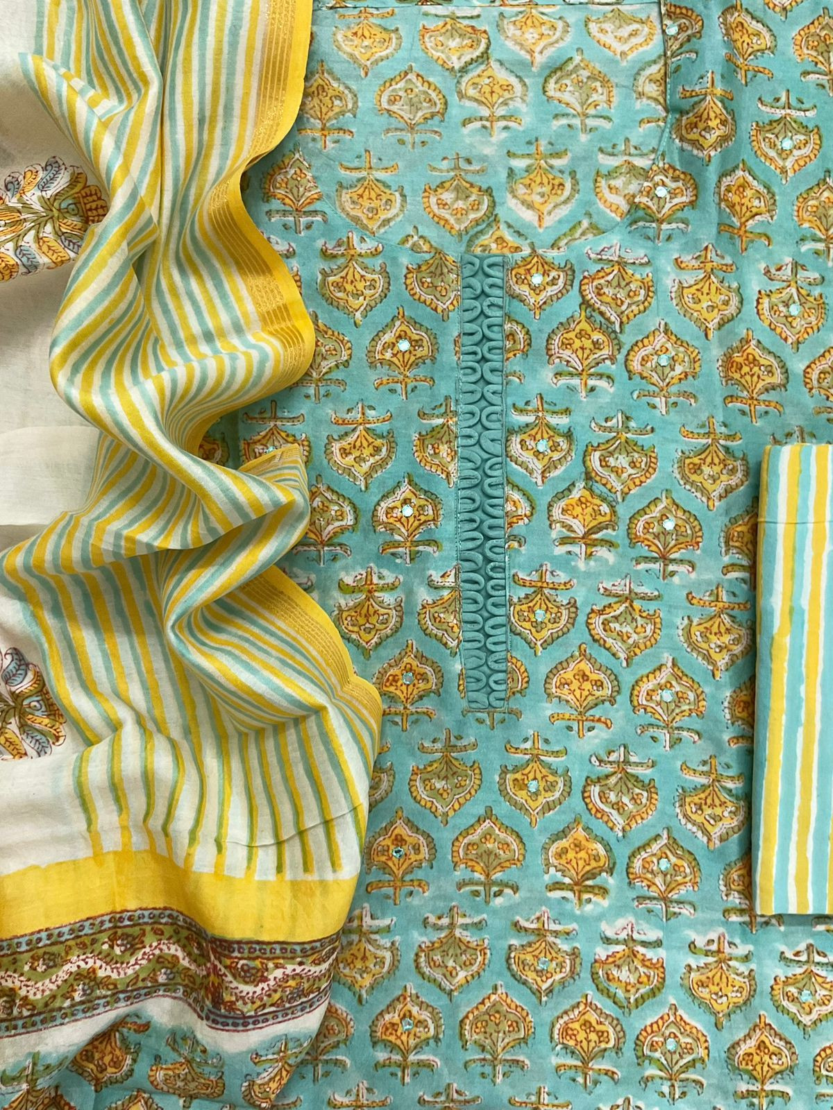 Pure Chanderi Block Printed Embroidered Suit - Blue