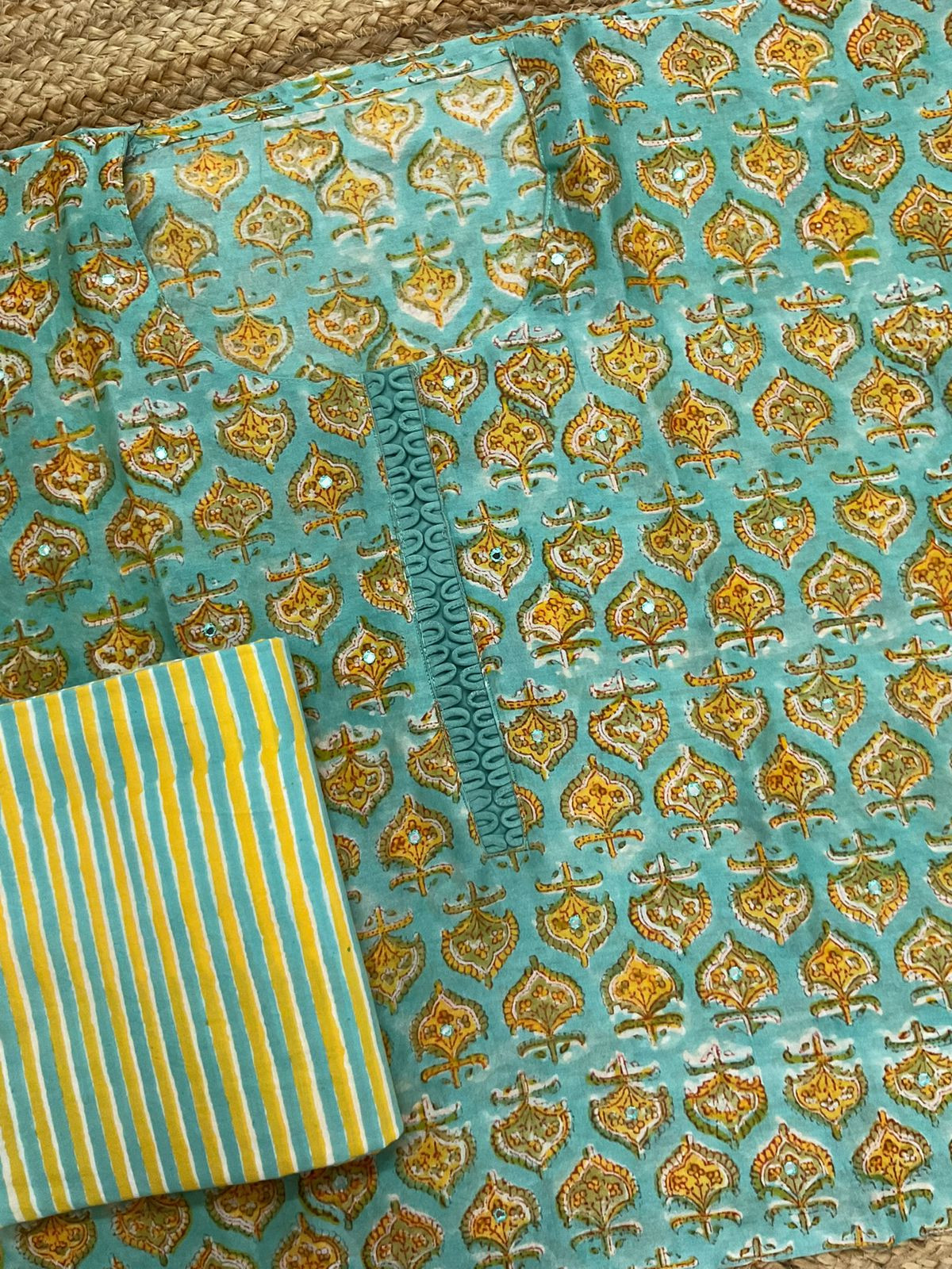 Pure Chanderi Block Printed Embroidered Suit - Blue