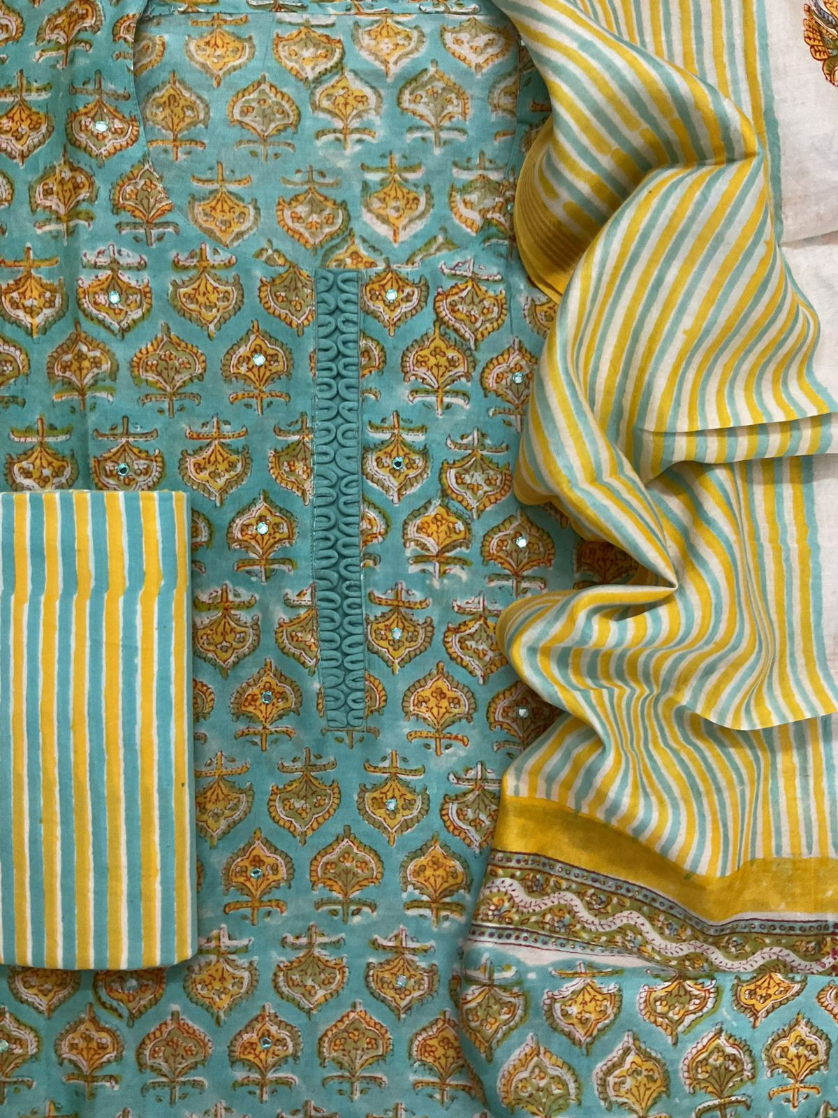 Pure Chanderi Block Printed Embroidered Suit - Blue