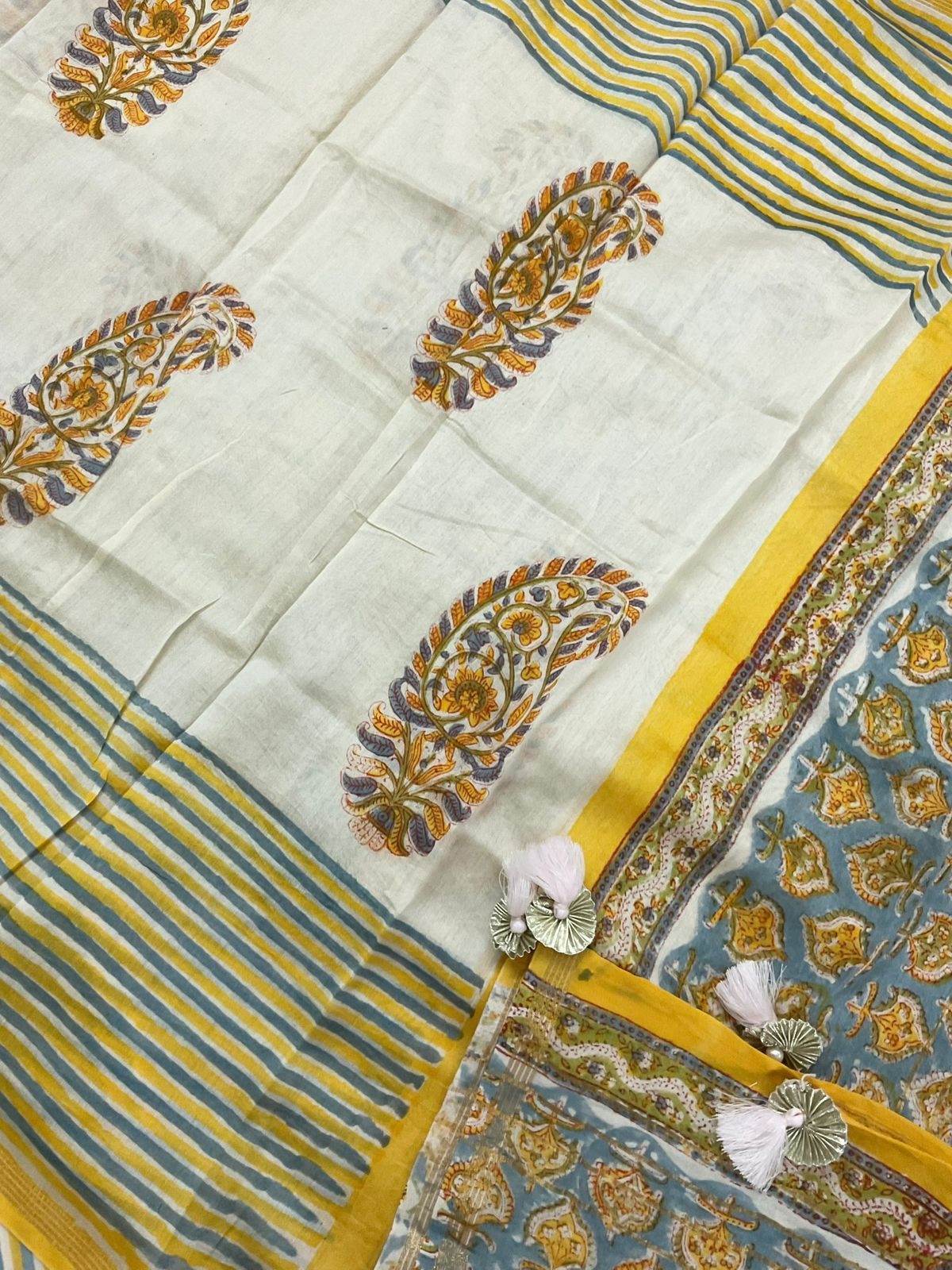 Pure Chanderi Block Printed Embroidered Suit - Grey