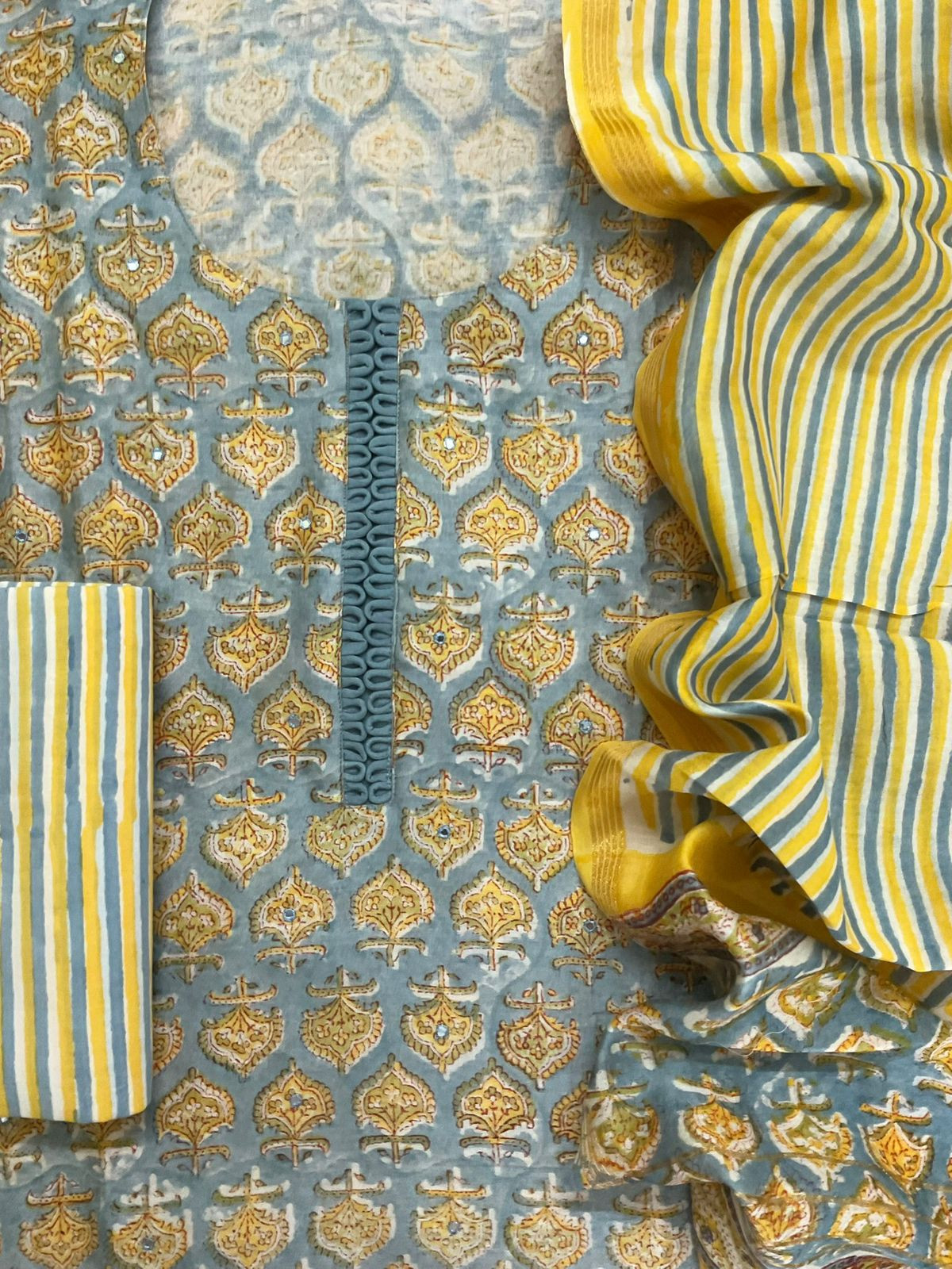 Pure Chanderi Block Printed Embroidered Suit - Grey