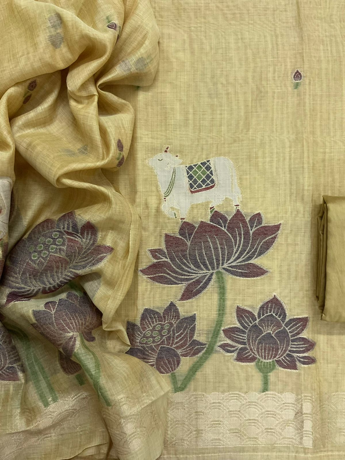 Soft Slub Chanderi Jamdani Weaved Suit - YELLOW