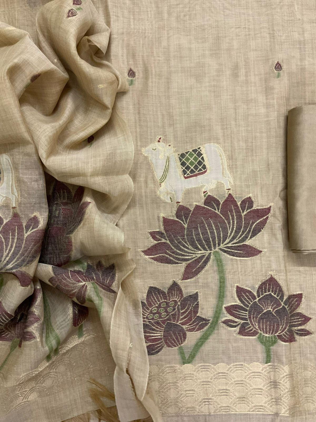 Soft Slub Chanderi Jamdani Weaved Suit - Beige