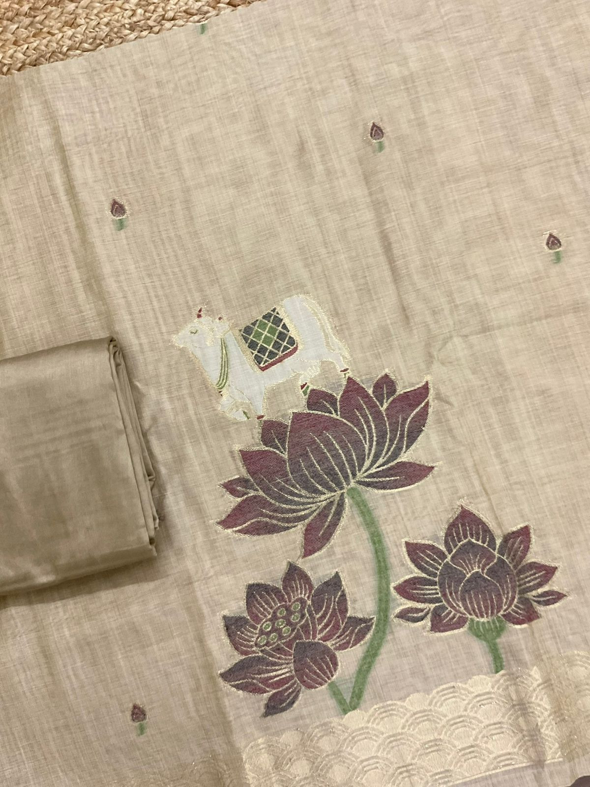 Soft Slub Chanderi Jamdani Weaved Suit - Beige