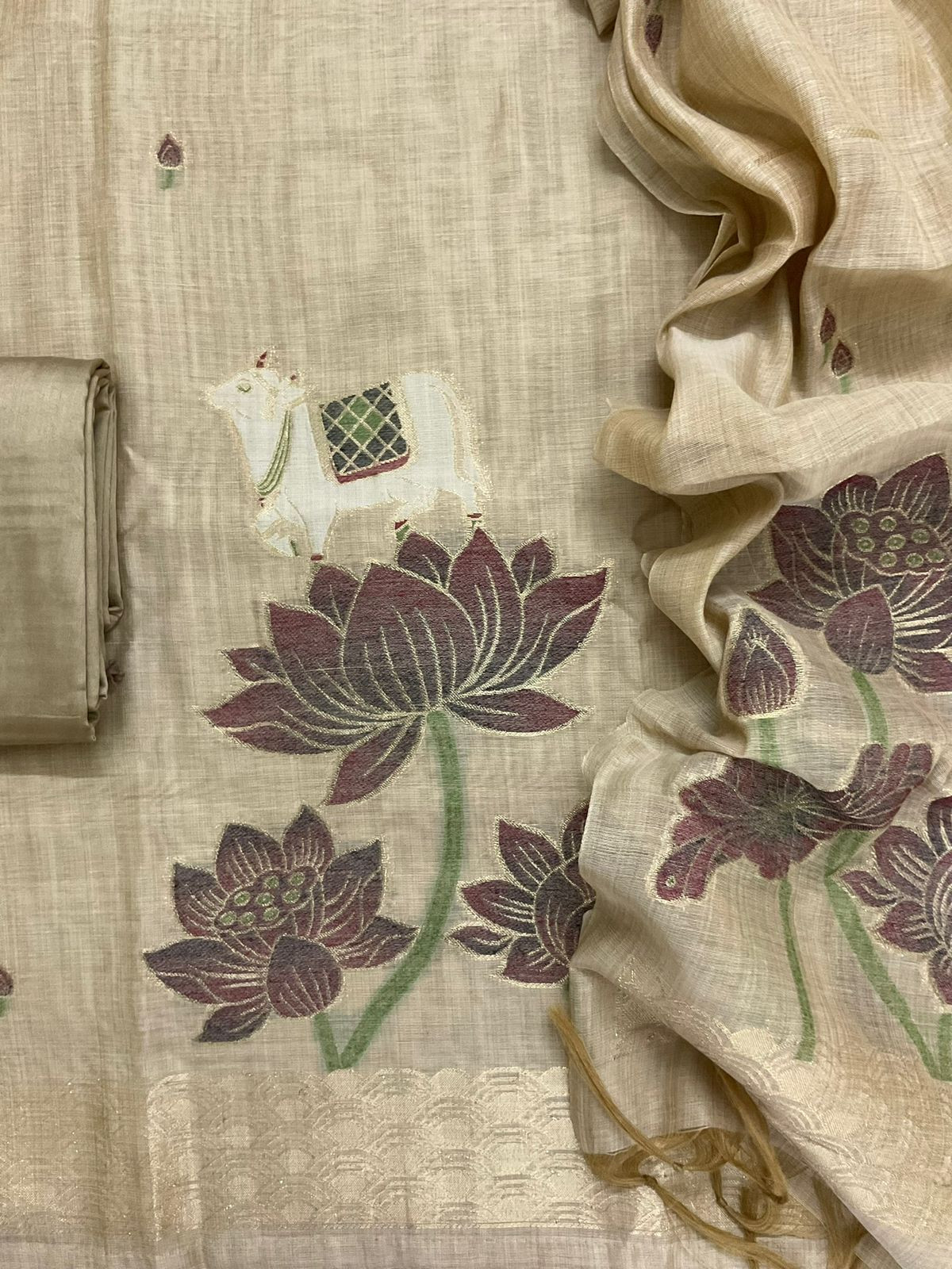 Soft Slub Chanderi Jamdani Weaved Suit - Beige