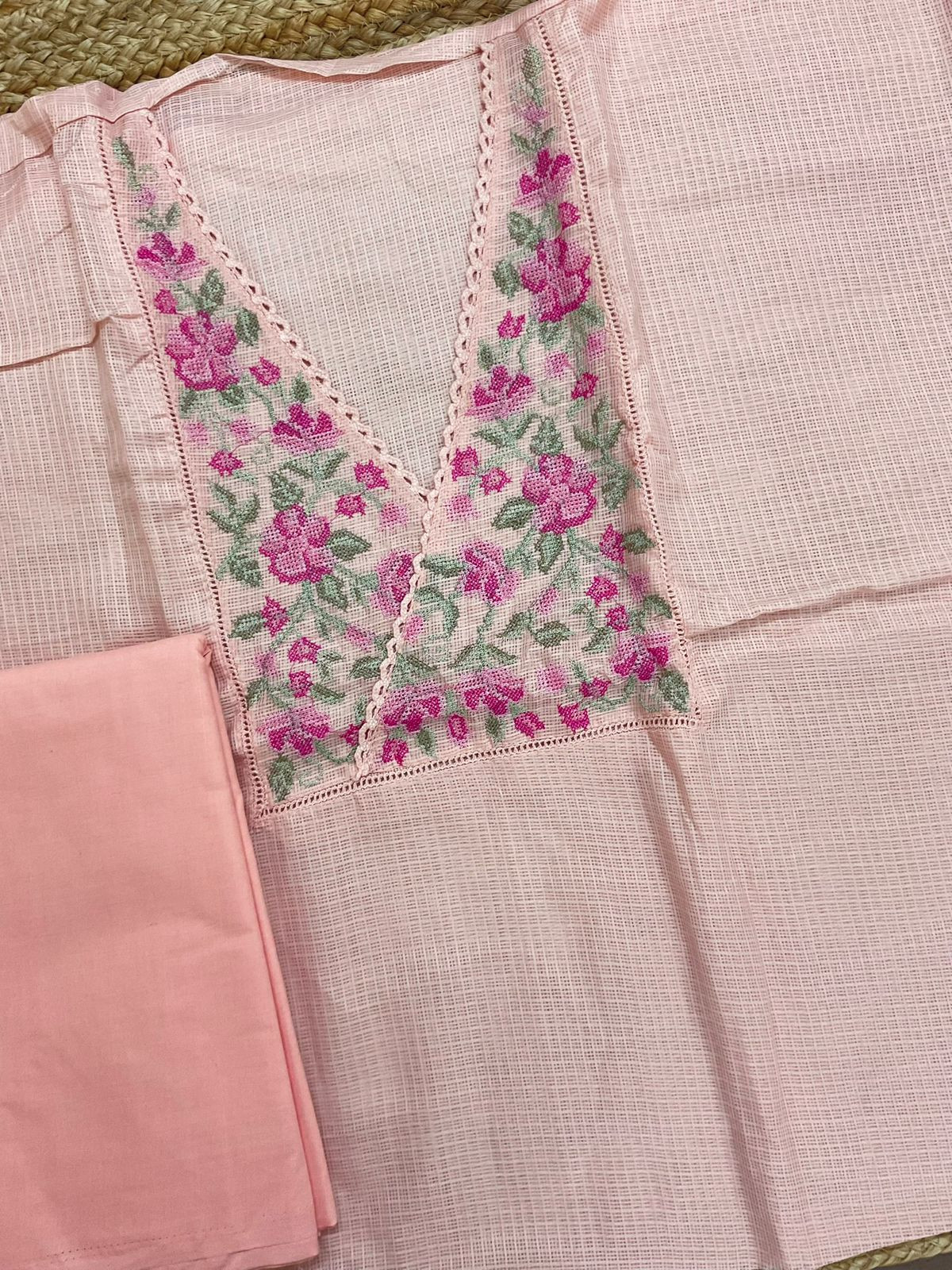 Soft Kota Silk Embroidered Suit - Peach