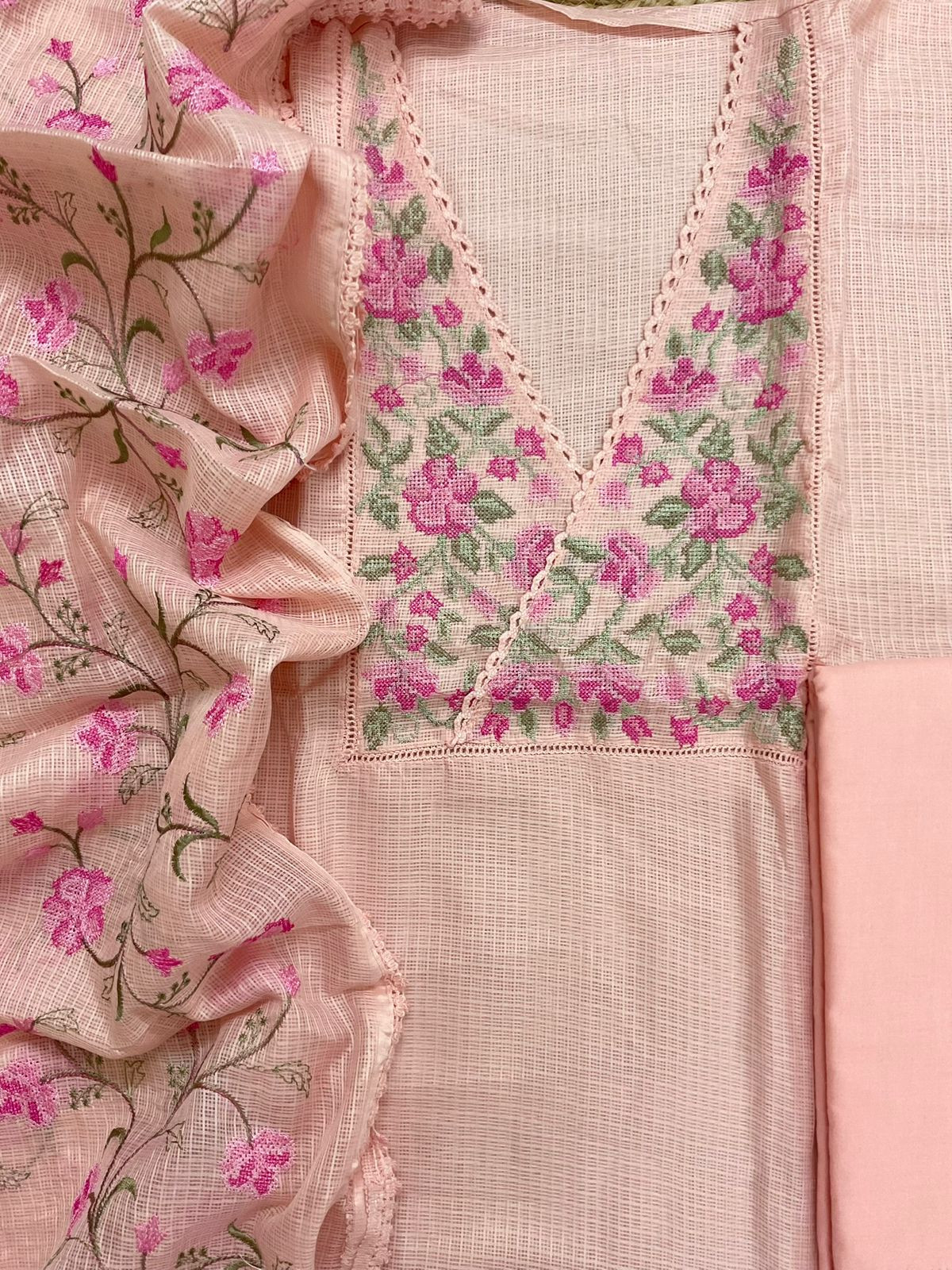 Soft Kota Silk Embroidered Suit - Peach