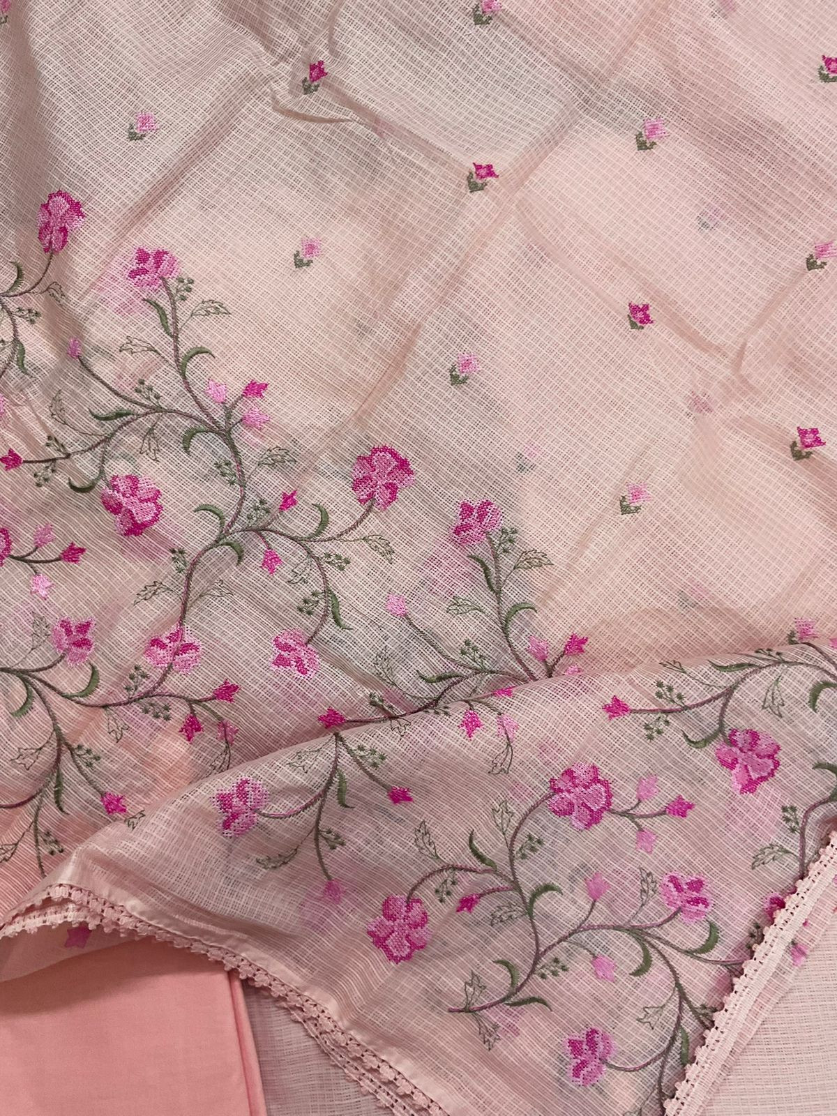 Soft Kota Silk Embroidered Suit - Peach