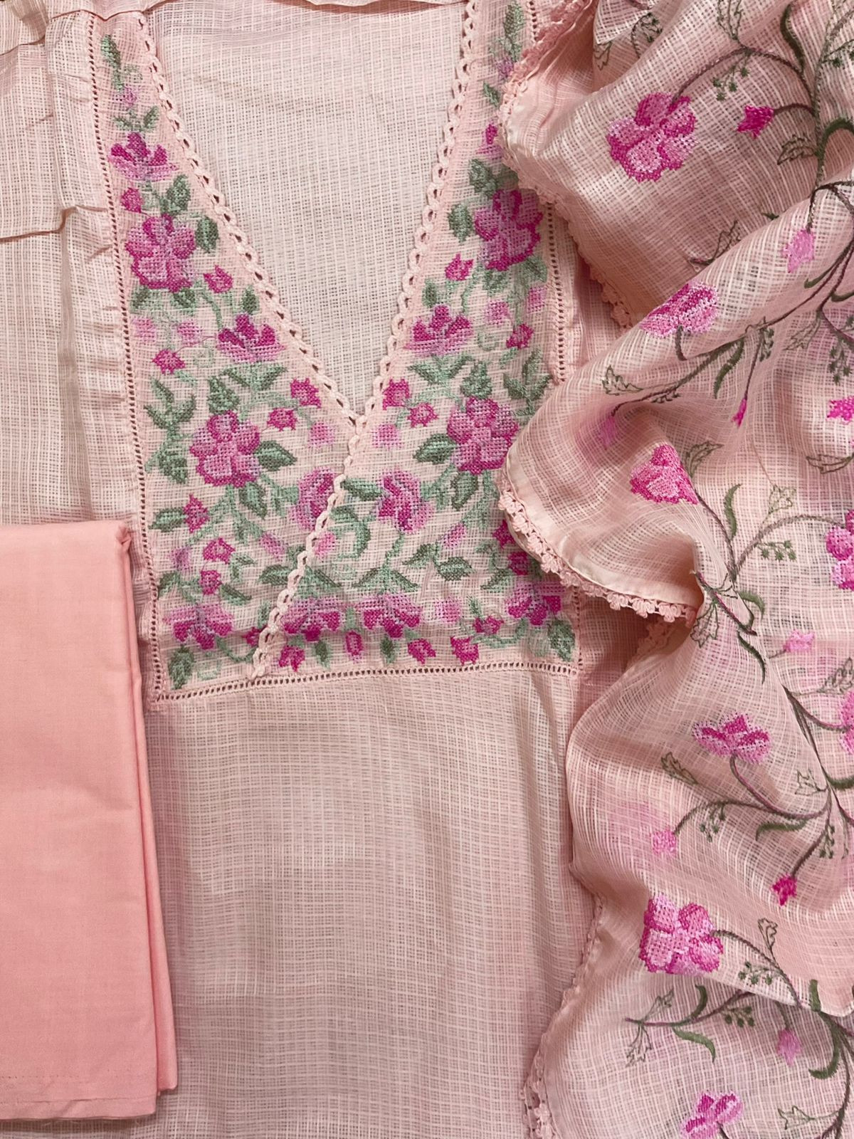 Soft Kota Silk Embroidered Suit - Peach