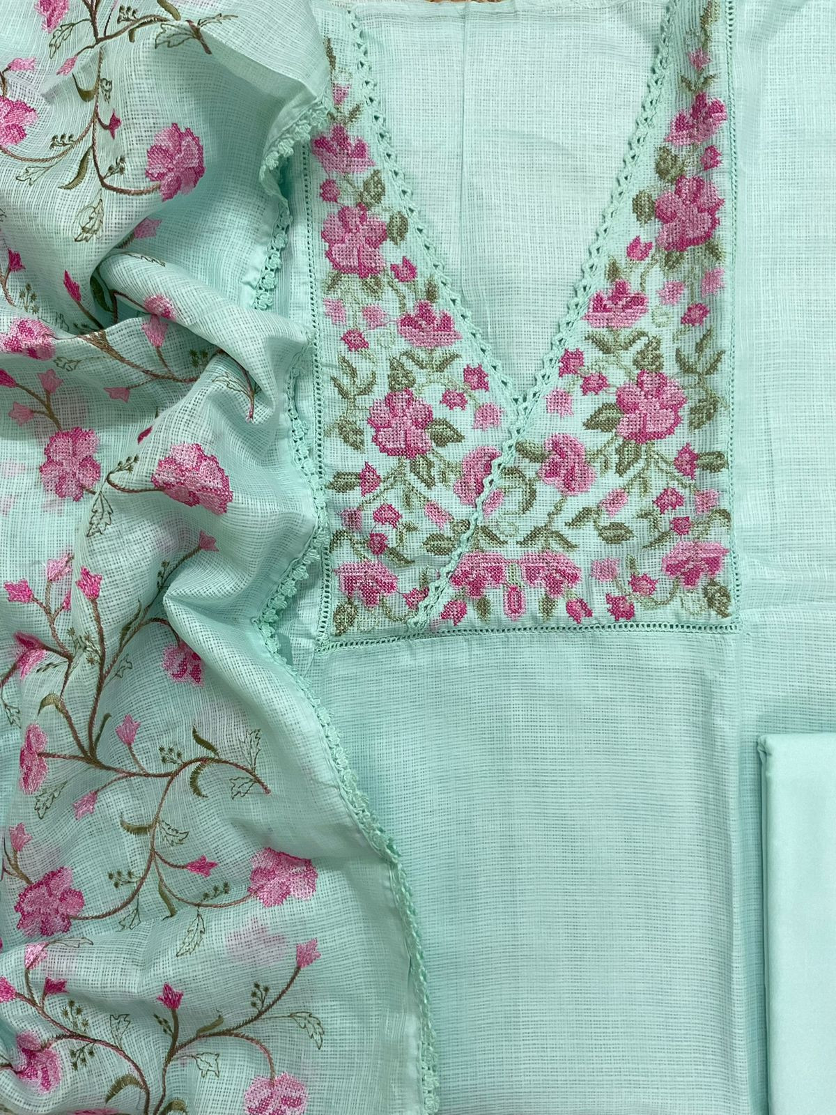 Soft Kota Silk Embroidered Suit - Blue